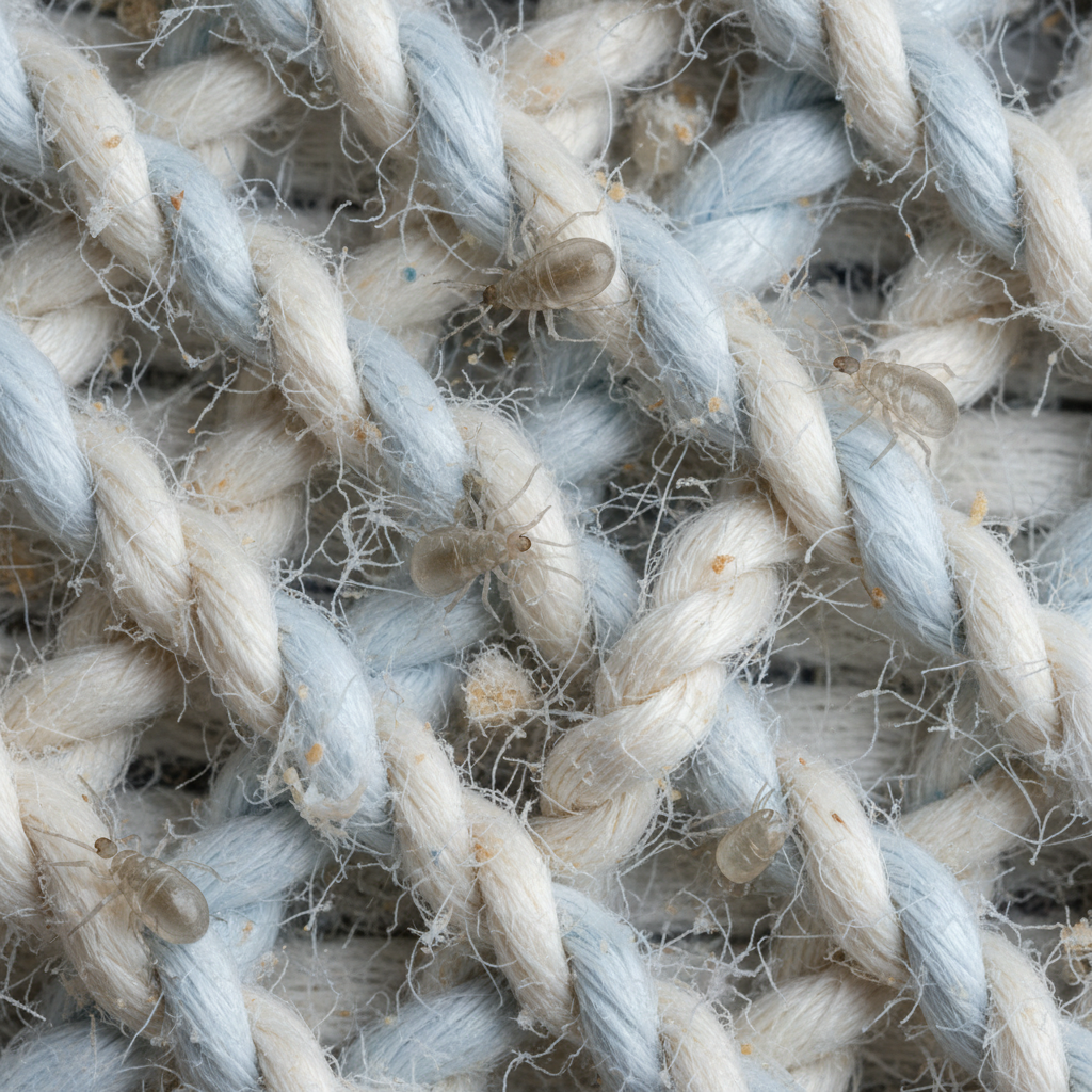 A highly detailed, microscopic view focusing on the fibers of a woven fabric, resembling a mattress or pillow cover. Tiny, almost translucent house dust mite creatures are intricately rendered, scurrying among the threads and fabric debris. The background is softly blurred, emphasizing the intricate details of the fabric and the mites themselves. The overall impression is one of unseen, microscopic life thriving in common household items. Style: Photorealistic macro photography, with a scientific illustration quality.