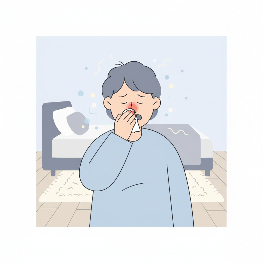 A clean, modern flat illustration showing a stylized person in a bedroom setting, gently sneezing or rubbing their itchy nose, indicating allergy symptoms. Subtle, almost invisible dust motes or allergen particles are depicted floating around them, originating from nearby bedding or a rug. The person's face shows mild discomfort from these unseen irritants. The color palette is light and airy, focusing on conveying discomfort without being overly dramatic. Style: Minimalist flat illustration with soft colors.