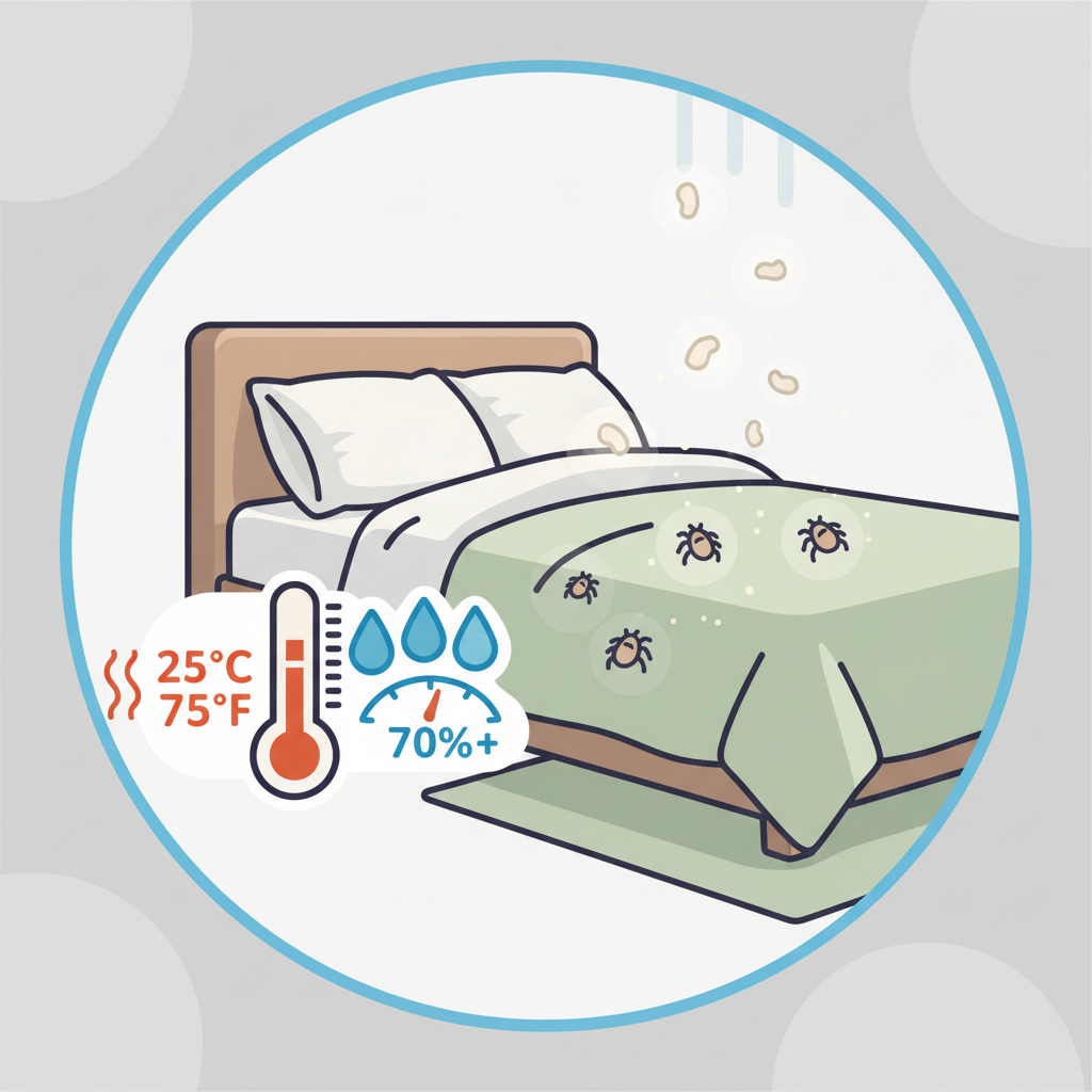 An infographic-style illustration depicting the ideal conditions for house dust mites to thrive. The scene shows a cozy corner of a room, perhaps near a bed, with clear visual symbols representing key factors: a thermometer showing a warm temperature, water droplets or mist indicating high humidity, and small, almost invisible flakes drifting down to represent dead skin cells. Tiny, abstract mite shapes are subtly integrated into this environment. Style: Clean, crisp infographic illustration with clear, universally recognizable icons and a simple, informative color scheme.