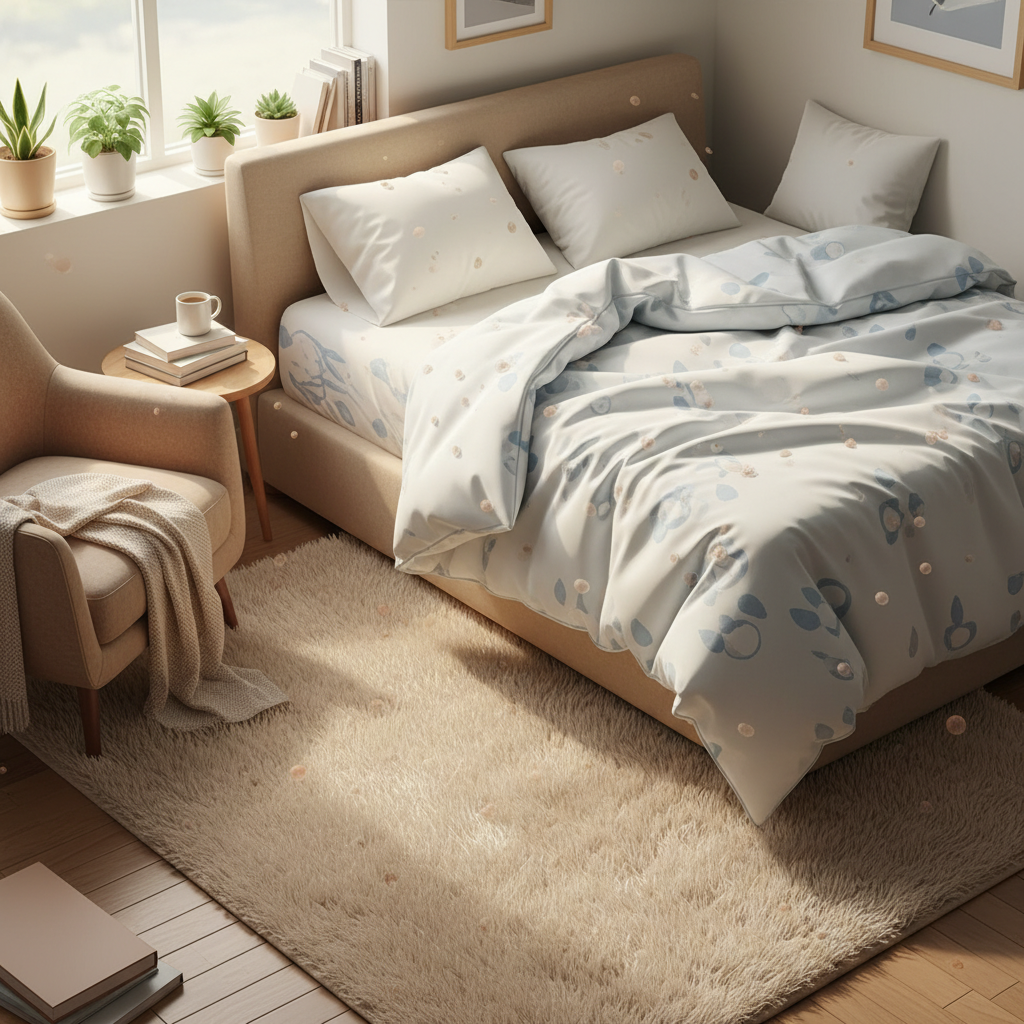 A detailed vector illustration of a comfortable, lived-in interior space, such as a bedroom or living room. The scene highlights common household items that are known mite hotspots: a plush mattress with pillows and bedding, a textured area rug or carpet, and a soft, upholstered armchair. Tiny, almost imperceptible mite shapes are integrated into these specific areas, subtly suggesting their hidden presence without being overtly alarming or gross. Style: Clean vector illustration, realistic yet inviting and digital.