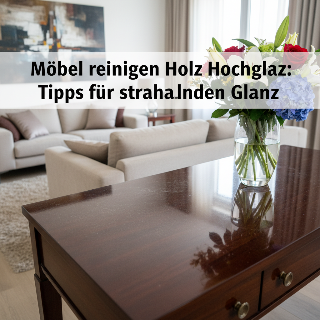 A vibrant, eye-level professional photo capturing a modern living room scene. A sleek, dark high-gloss wooden console table is the focal point. One half of the table's surface is noticeably dull, covered in a light film of dust and faint fingerprints, while the other half gleams immaculately, reflecting the ambient light and a vase of flowers with crystal clarity, symbolizing the 'after' effect of proper cleaning.