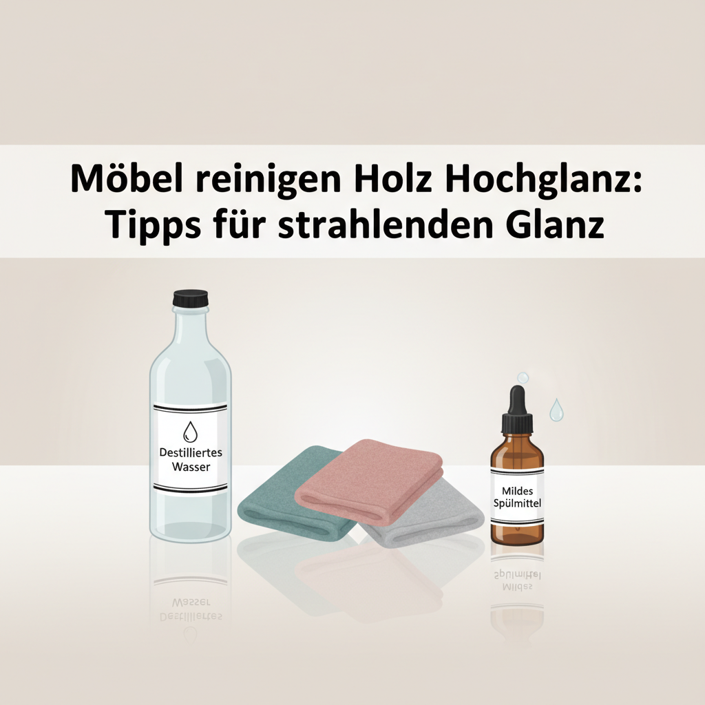 A clean, organized flat illustration in a modern, minimalistic style. The essential cleaning tools are neatly arranged on a light, neutral background, subtly suggesting a high-gloss surface. Key items include several soft, fluffy microfiber cloths in a calming color, a transparent bottle labeled 'Destilliertes Wasser', and a small, elegant bottle of 'Mildes Spülmittel' with a tiny, visible droplet.