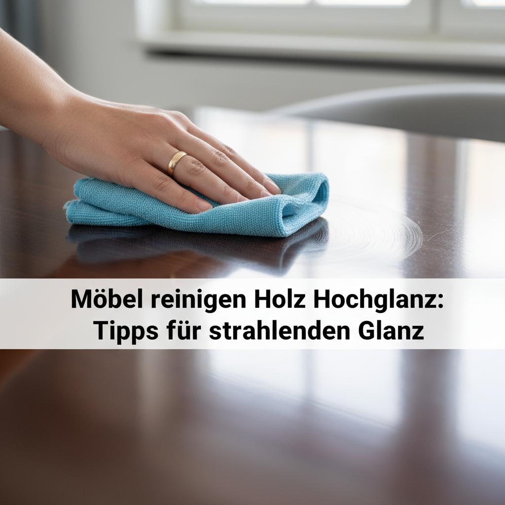 A close-up, high-resolution professional photo focusing on the gentle cleaning technique. A hand, wearing a subtle wedding band or simple accessory, holds a pristine, soft microfiber cloth, delicately wiping a streak-free, highly reflective dark high-gloss wooden surface. The motion is smooth and controlled, implying care and precision, with light glinting off the polished surface, highlighting the emerging shine.