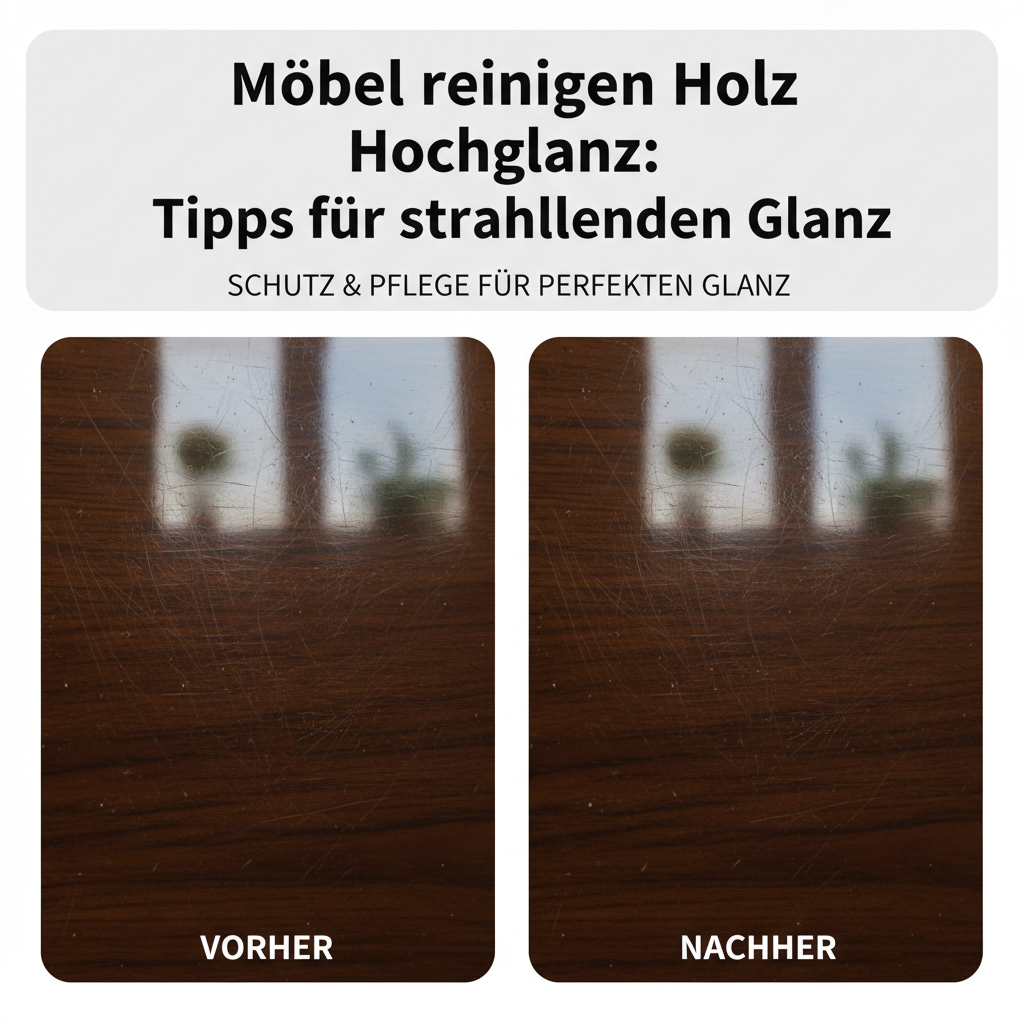 An infographic-style illustration featuring two contrasting circular or rectangular frames side-by-side. The left frame shows a detailed, magnified view of a high-gloss wooden surface marred by fine scratches and a dull haze. The right frame displays the identical surface area in pristine condition, boasting a deep, mirror-like reflection and perfect clarity, visually representing the importance of proper care and preventing damage.