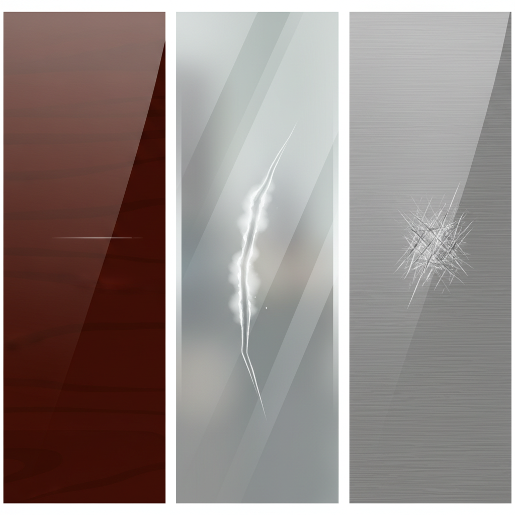 A detailed flat illustration showing three distinct panels, each representing a different furniture material. One panel depicts polished dark wood with a superficial, fine scratch that only affects the top layer of lacquer. Another panel features clear glass with a slightly deeper, more visible scratch. The third panel shows brushed metal with a notable abrasion. The overall style should be clean, modern, and informative, clearly differentiating the materials and the varying scratch depths without any tools or hands, emphasizing the types of damage.