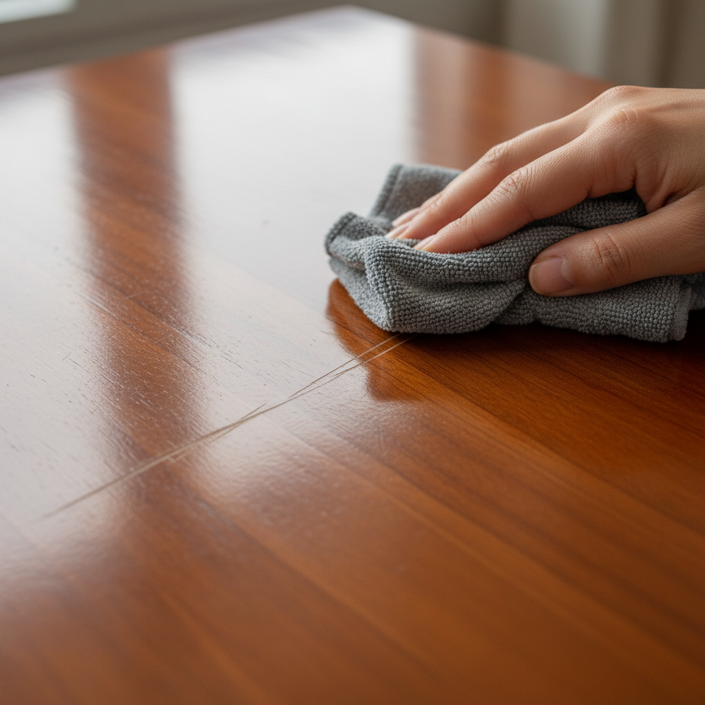 A professional, close-up photo illustrating the process of addressing a superficial scratch on a lacquered wooden furniture surface. A human hand, holding a soft, microfiber cloth, is gently polishing a fine scratch on a tabletop. One side of the scratch is clearly visible before the polishing, while the other side, where the cloth has just passed, appears smoother and less noticeable, hinting at the repair. The lighting should be soft, highlighting the texture of the wood and the subtle improvement.