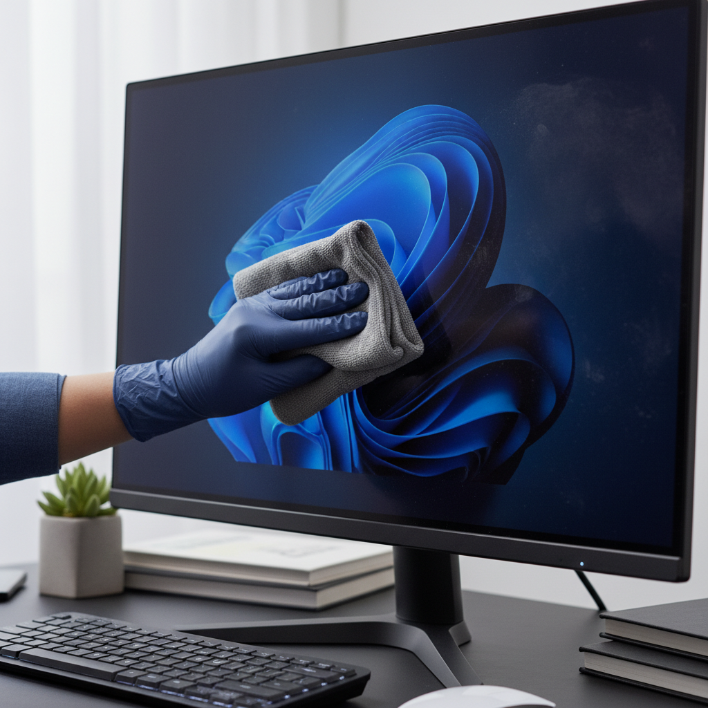 A professional, well-lit photograph showing a person gently cleaning a modern, large computer monitor with an appropriate, soft microfiber cloth. The monitor displays a crisp, clear image on one side, while the other side, still untouched, shows subtle dust and fingerprints. The cleaning action should appear careful and precise. In the background, there are hints of a clean, organized workspace. The overall style should be clean, informative, and reassuring, emphasizing proper monitor care.