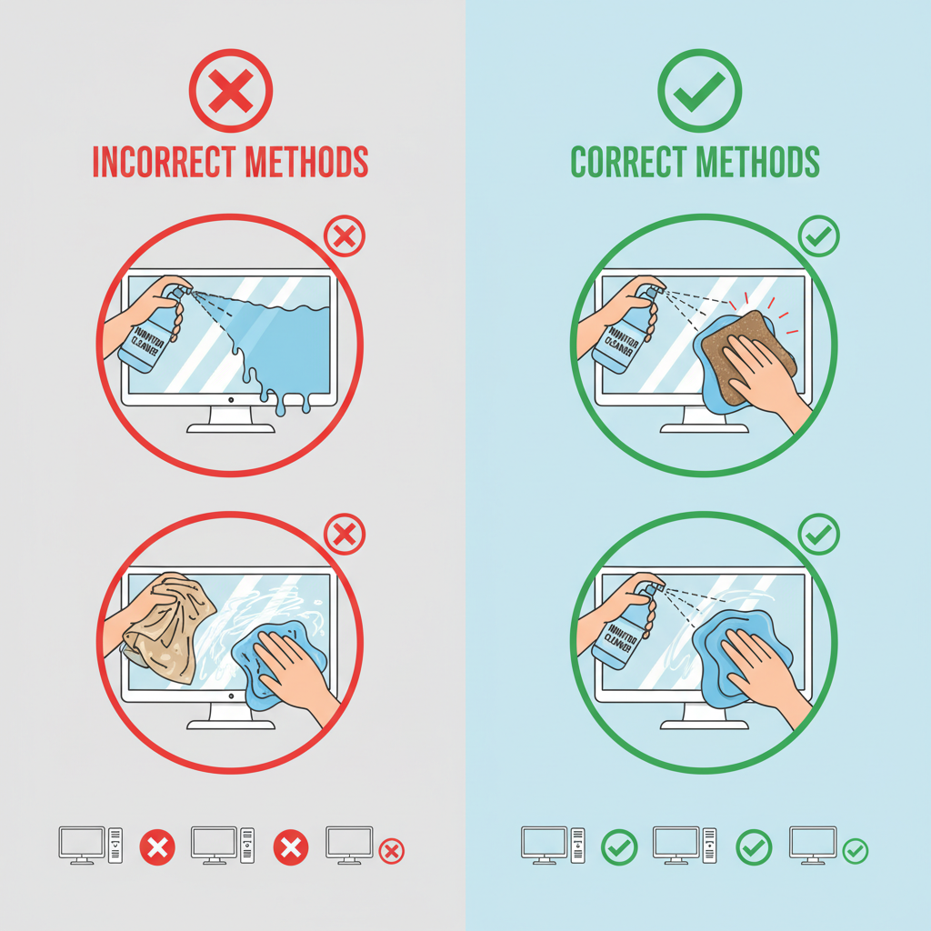 An infographic-style illustration depicting a comparison of different monitor cleaning methods. On one side, show incorrect methods with red 'X' marks: someone spraying liquid directly onto the screen, using a paper towel, or an abrasive cloth, leaving streaks and damage. On the other side, show correct methods with green 'checkmarks': a person using a specialized monitor cleaner on a microfiber cloth, then gently wiping the screen, resulting in a pristine, clear display. Include small icons representing different monitor types (CRT, LED, OLED) to subtly emphasize varied care. The art style should be clean, clear, and easy to understand at a glance.