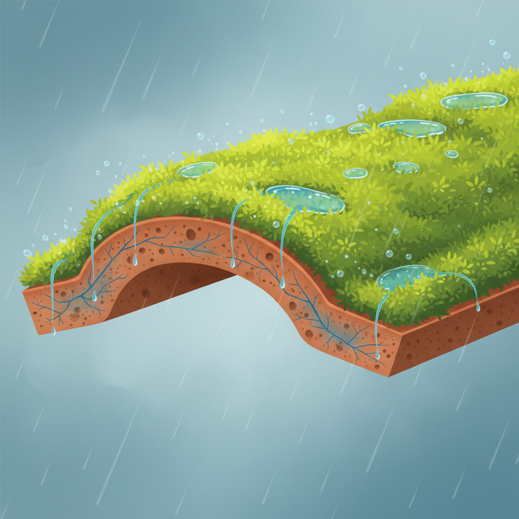 A detailed cross-section infographic illustration of a roof tile heavily covered in thick green moss. Rainwater is visibly pooling within the dense moss layer and subtly penetrating into microscopic cracks and pores of the tile material. The interior of the tile shows faint visual indicators of water saturation and potential freeze-thaw damage (tiny, expanding internal fissures). The surrounding atmosphere suggests a damp, weathered environment. Use a clean, informative infographic style with vibrant colors for the moss and subtle textures for the tile, focusing on the detrimental interaction without any labels.