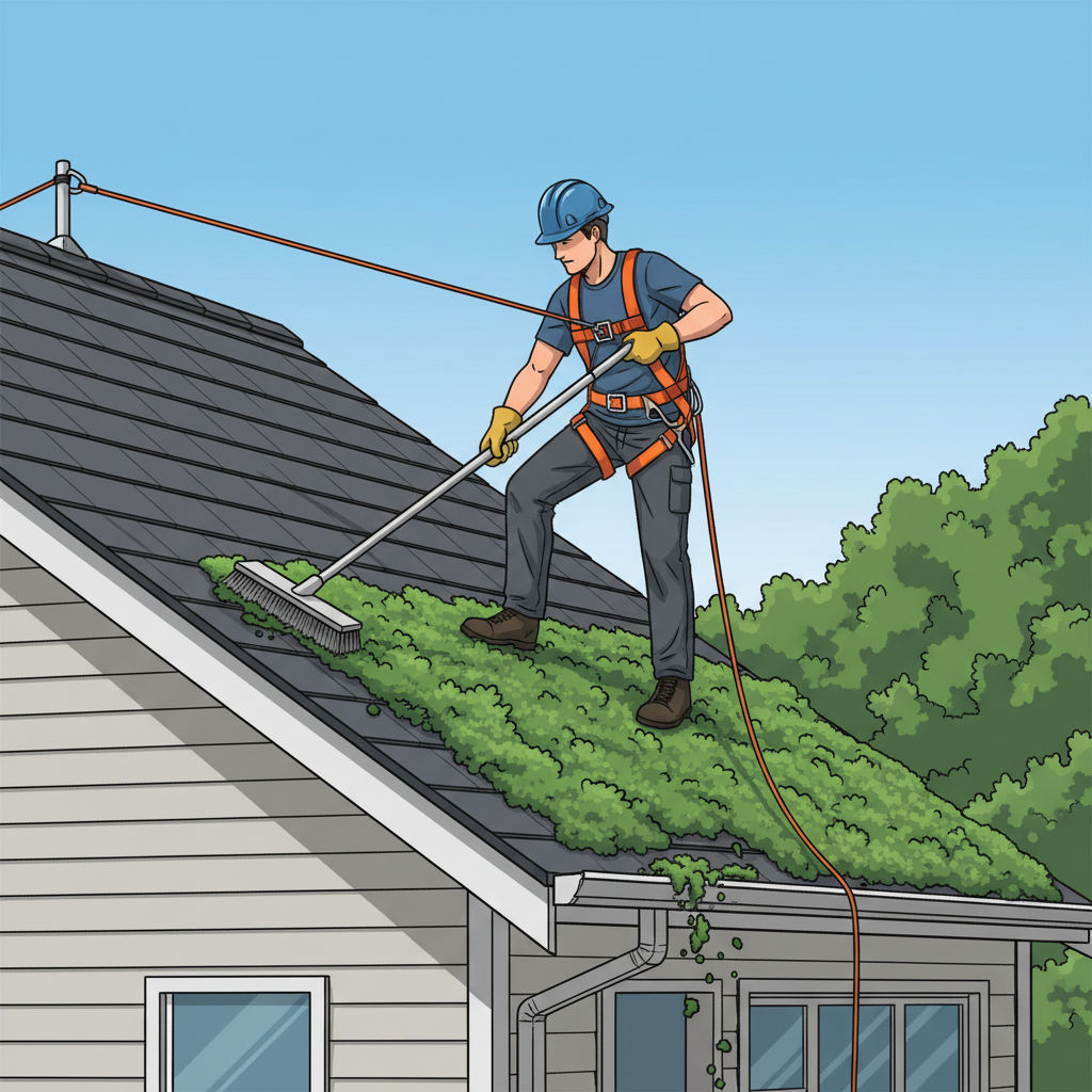 A dynamic, eye-level illustration showing a person on a sloped residential roof, actively engaged in moss removal. The individual is prominently wearing a complete safety harness securely anchored, along with a helmet and protective gloves. They are using a specialized, long-handled tool (like a scraper or soft brush) to meticulously clear a patch of green moss. One section of the roof is already pristine and clean, contrasting sharply with an adjacent area still blanketed by thick moss. The overall style should be a professional, slightly stylized digital illustration with clear focus on safety and task.