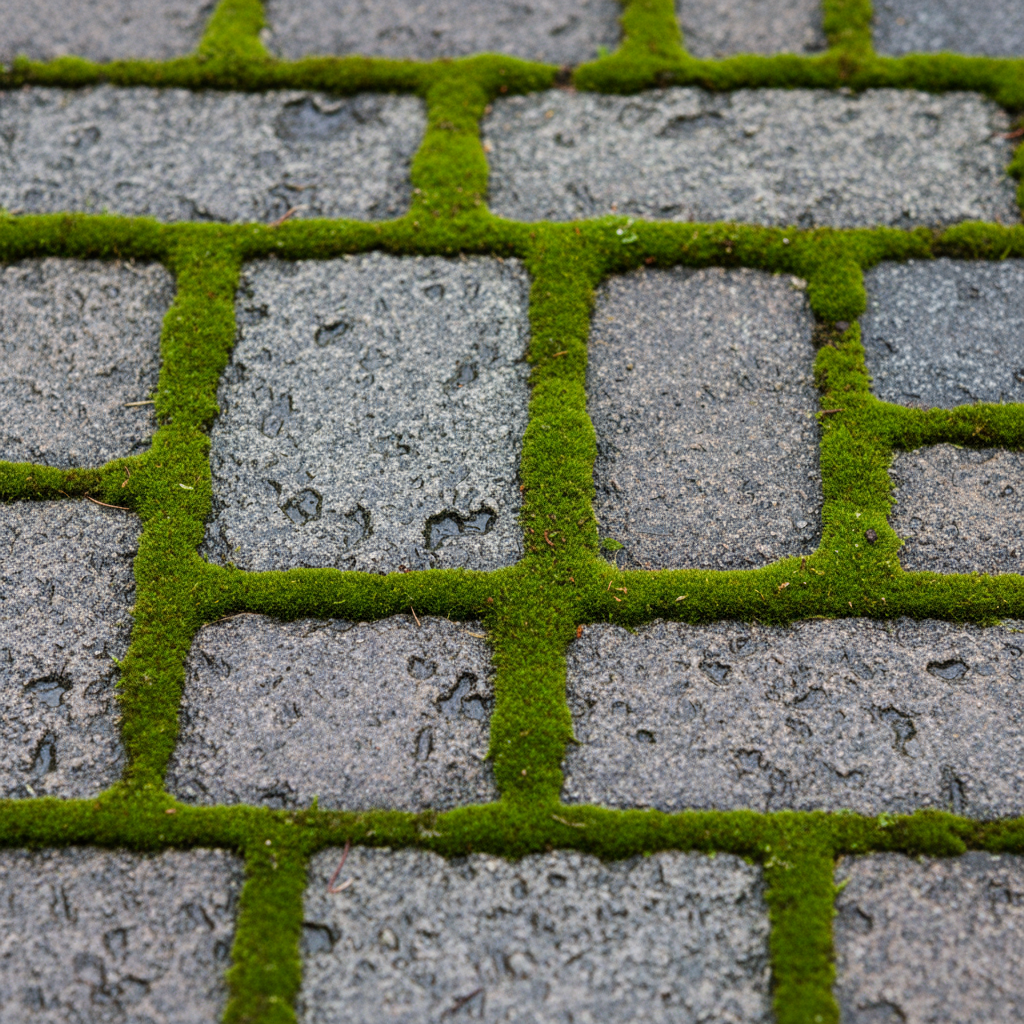 A high-angle, close-up photograph showcasing a section of outdoor patio paving stones. Lush, vibrant green moss heavily infests the narrow joints between the greyish concrete or natural stone pavers. Smaller patches of moss also cling to the surface of individual stones, indicating a damp and shaded environment. The overall scene should clearly illustrate the common problem of widespread moss growth on a neglected paved surface, highlighting the textural contrast between the rough stone and the soft moss. The lighting should be natural and slightly overcast, emphasizing the moist conditions.