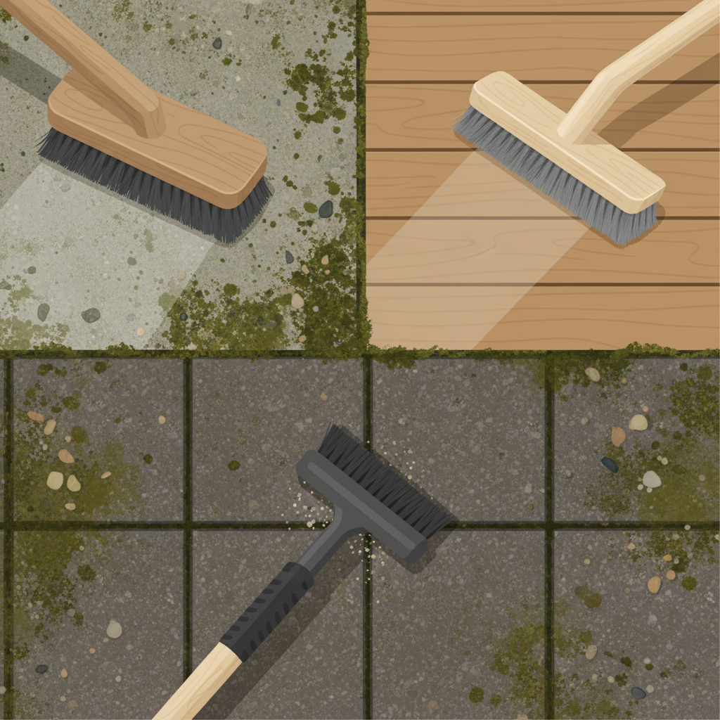 A flat illustration depicting a close-up view of various tools and techniques for mechanical moss removal on a terrace. The scene shows different types of brushes: a hard-bristled brush vigorously cleaning a robust concrete slab, a soft-bristled brush gently working on a wooden deck plank, and a specialized narrow grout brush effectively scraping moss from between paving stones. Each brush is shown in action, with a small cleared path behind it, demonstrating its specific application on different terrace materials. The overall mood should be practical and informative, highlighting the effectiveness of manual tools.