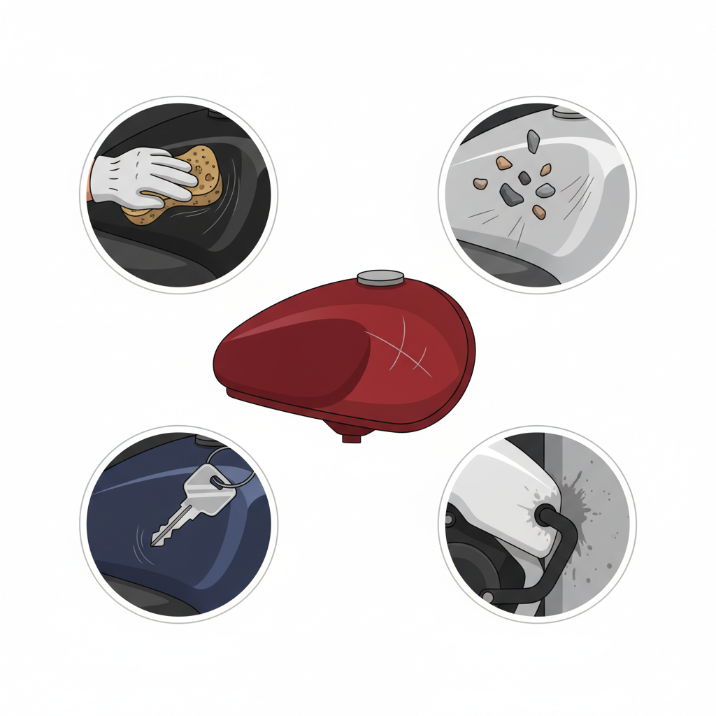 A detailed flat illustration depicting common causes of motorcycle scratches. The central focus is a glossy motorcycle tank or fairing, shown with a few distinct, illustrative scratches. Surrounding the main tank are several smaller vignettes: one shows a hand with a dirty, rough sponge wiping across the paint, another shows tiny gravel or stones impacting the surface, a third shows a metal key lightly scraping the paint, and a fourth depicts a motorcycle lightly brushing against a rough wall. The overall style should be clean, modern, and informative, with clear visual separation for each cause.