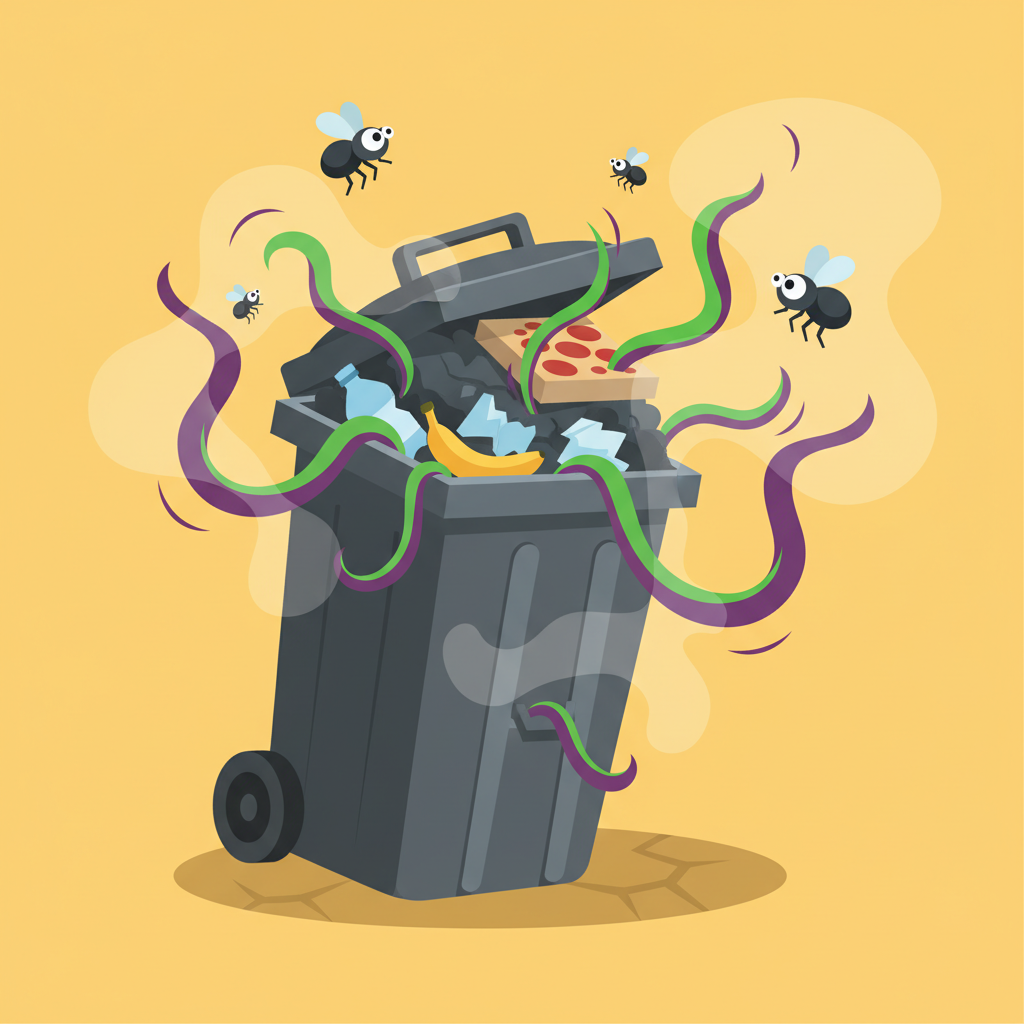 A large, grey outdoor garbage bin, slightly overflowing with generic household waste. Visible wavy green or purple lines emanate strongly from the opening, indicating a powerful, unpleasant odor. A few stylized flies buzz around the bin. The scene is set on a warm, sunny day, with a subtle hint of moisture in the air. The overall style should be a clean, modern flat illustration with a slight sense of caricature to emphasize the smell.