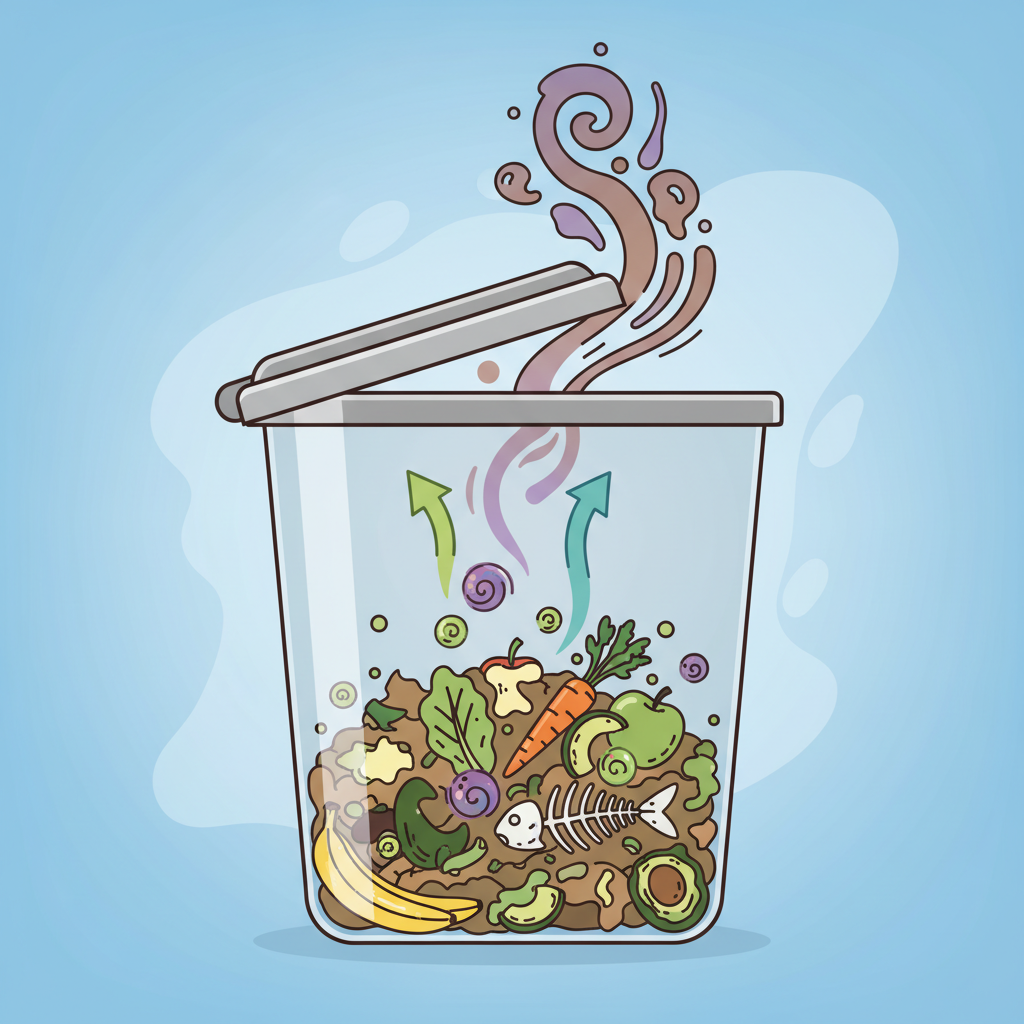 An infographic-style illustration depicting a cross-section of a partially filled garbage bin. Inside, decaying organic waste like fruit peels, vegetable scraps, and a fish bone are visible. Small, stylized microorganisms (bacteria and fungi) are actively breaking down the waste, represented by tiny, swirling dots and bubbles. Arrows indicate gases rising from the decomposition process, morphing into abstract odor waves at the top. The background is clean and bright.