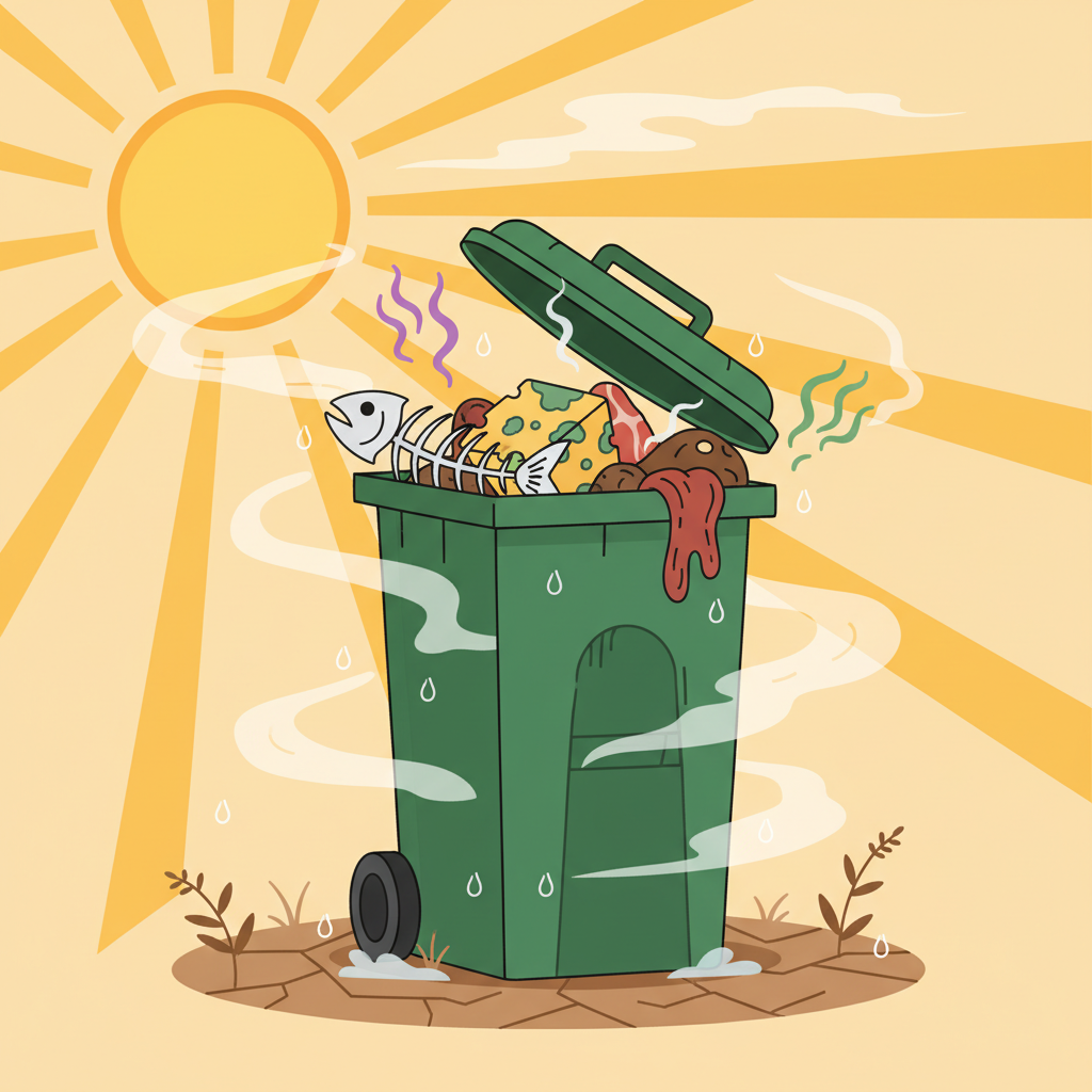 A vibrant flat illustration showcasing a garbage bin under harsh conditions. A bright, intense sun shines directly onto the bin, indicated by strong sun rays and heat haze lines around the bin. Nearby, a subtle visual cue for humidity, like dew drops or mist, is present. Various types of discarded food waste are depicted inside or near the bin's opening: a fish skeleton, a piece of old cheese, and some meat scraps, all subtly emitting small odor clouds.