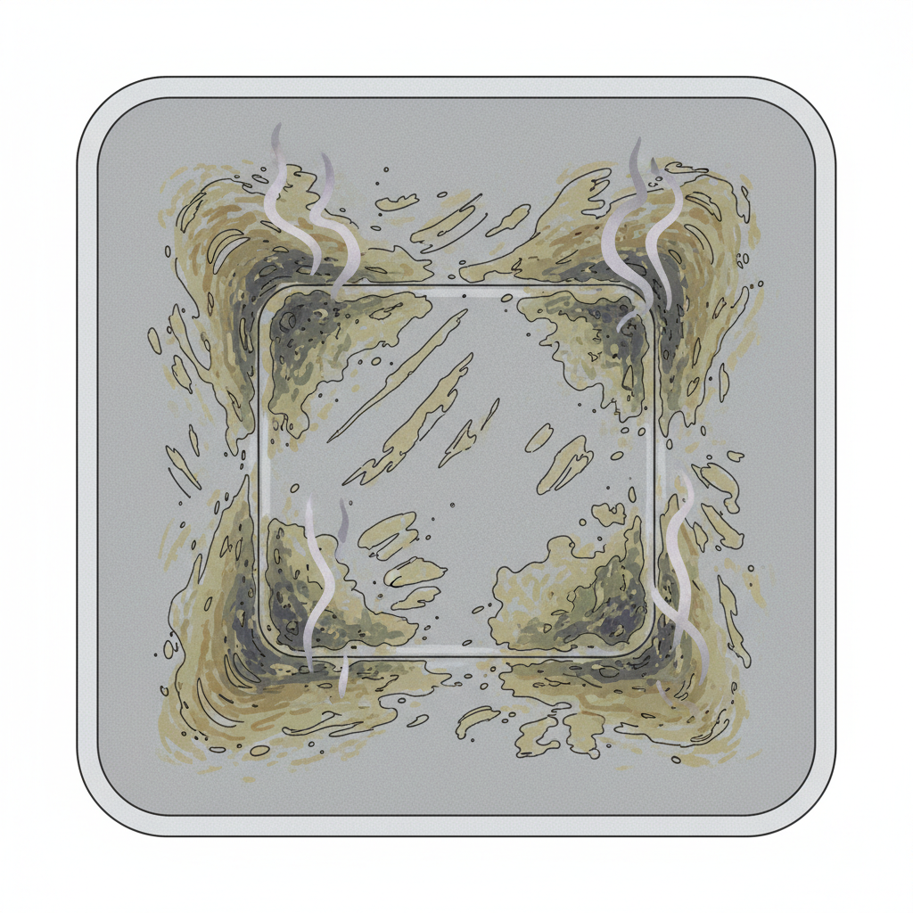 A close-up, clean, modern illustration of the interior of an empty, but visibly stained and dirty garbage bin. Streaks of grime, residue, and discoloration are present on the bottom and inner walls, suggesting lingering organic matter. Small, subtle, abstract odor waves emanate from these stained areas. The perspective is looking down into the bin, emphasizing the unclean surfaces that serve as a breeding ground for bacteria.