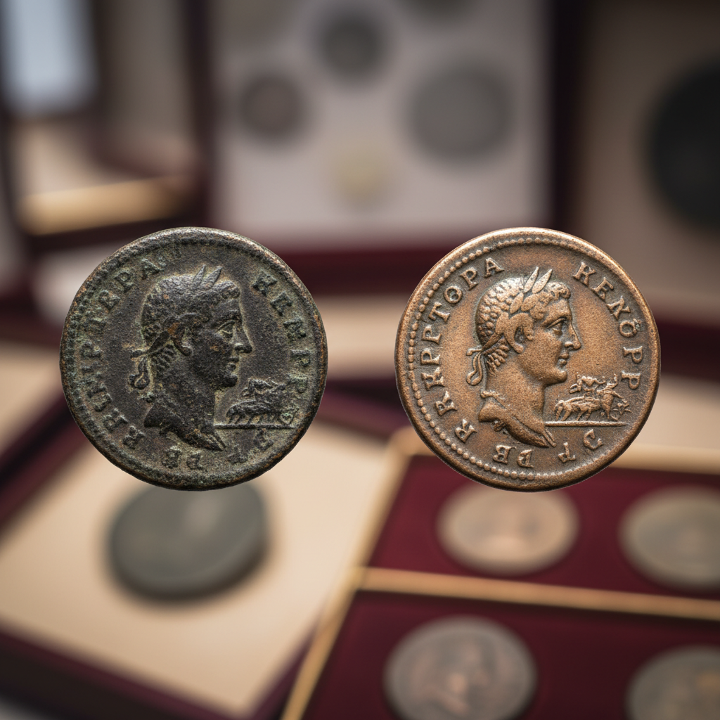 A close-up, professional photo of two antique coins. One coin is heavily patinated, dark, and details are obscured, representing the 'found' state. The second coin, next to it, is subtly cleaned, showing enhanced details but still retaining a classic, aged look, emphasizing careful restoration over harsh cleaning. The background is a soft, blurred numismatic display.