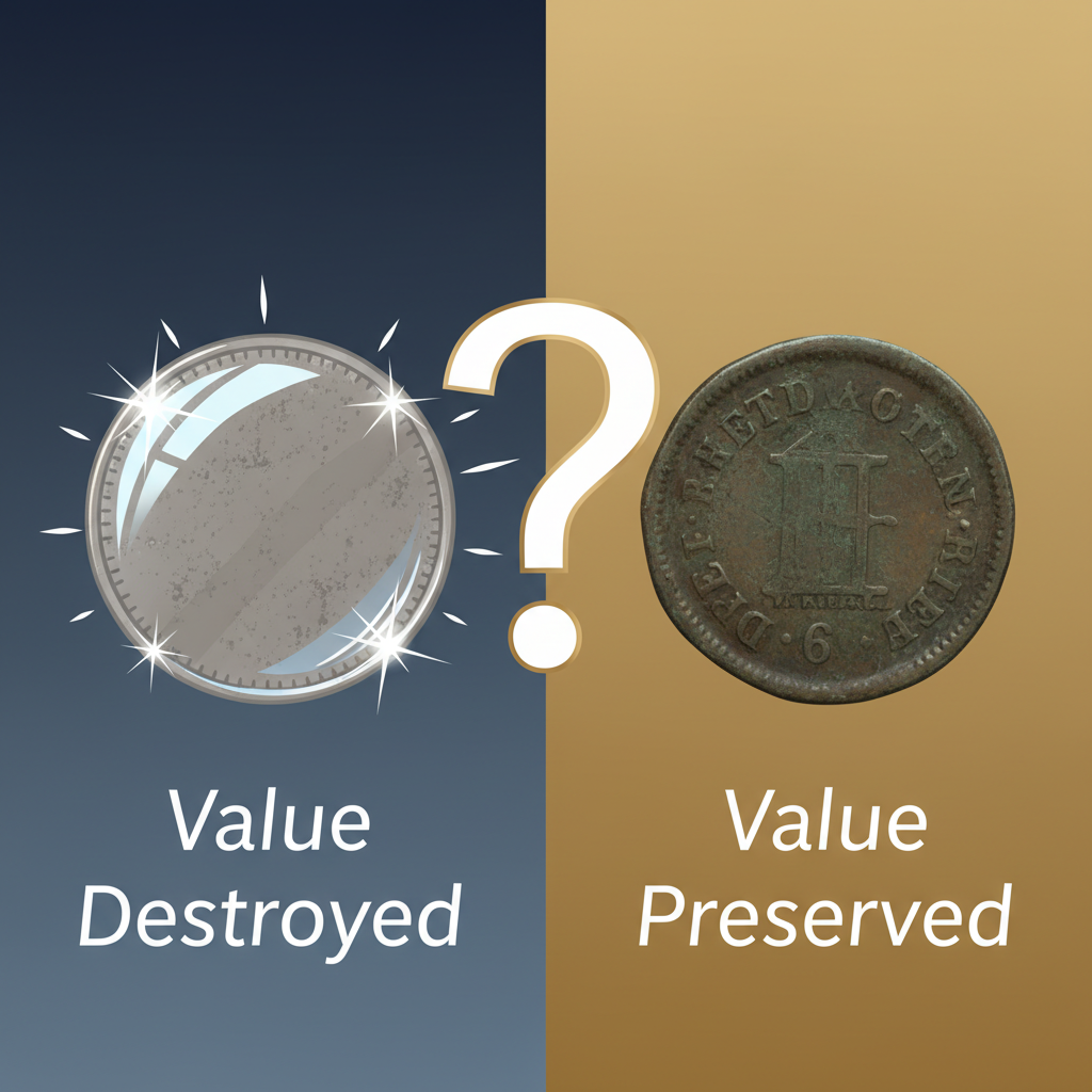 An artistic flat illustration depicting the controversial nature of coin cleaning. On the left, a vibrant, sparkling clean coin with light rays, labeled 'Value Destroyed'. On the right, a coin with a rich, protective patina, looking elegant and historically preserved, labeled 'Value Preserved'. A question mark hovers in the center, symbolizing the collector's dilemma. Use a minimalist color scheme.