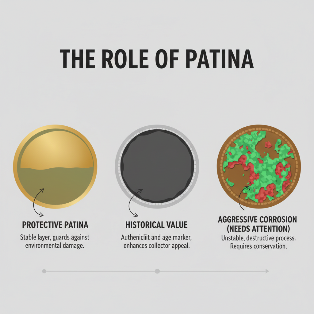 An infographic-style illustration showcasing the 'Role of Patina'. Three distinct coin cross-sections are shown. The first shows a coin with a thin, protective green/brown layer labeled 'Protective Patina'. The second shows a coin with a darker, more even layer labeled 'Historical Value'. The third shows a coin with a chaotic, peeling, and corrosive layer labeled 'Aggressive Corrosion (Needs Attention)'. Use clear labels and a clean, informative design.