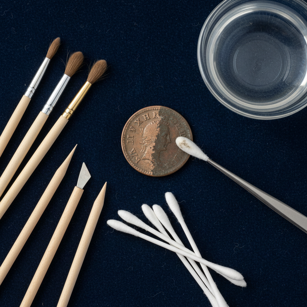 A high-angle, professional studio shot of various gentle cleaning tools arranged around a partially cleaned, weathered coin. Tools include soft brushes (e.g., camel hair), small wooden picks, cotton swabs, and perhaps a small dish of distilled water. The lighting is soft and highlights the textures of the tools and the coin, emphasizing precision and care.
