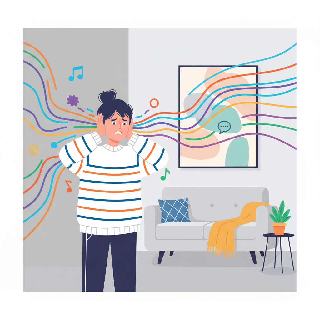 A vibrant flat illustration depicting a person in a modern, slightly minimalist living room, looking visibly annoyed or frustrated. Their hands might be subtly covering their ears or gesturing in exasperation. From the wall separating their apartment from the neighbor's, stylized sound waves, depicted as colorful, energetic lines or subtle visual distortions, clearly penetrate into their space. The sound waves emanating from the unseen neighbor's side suggest various muffled noises like music notes, indistinct chatter, or rhythmic thumps, emphasizing the intrusive nature of the sound.