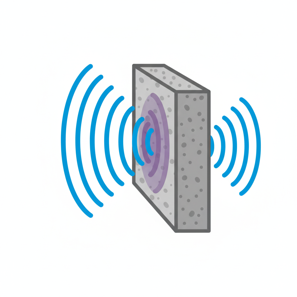 An infographic-style illustration demonstrating sound wave interaction with a wall. On one side, sound waves (depicted as concentric circles or wavy lines) emanate from an unseen source, approaching a cross-section of a wall. Show three distinct phenomena: a significant portion of the waves being reflected back, a smaller portion being absorbed within the wall material (perhaps indicated by a color change or subtle diffusion within the wall), and a noticeable but reduced portion successfully transmitting through the wall to the other side. Use a clear, clean aesthetic with distinct visual pathways for each wave behavior.