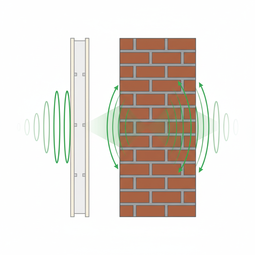 A detailed cross-section diagram comparing two different wall constructions side-by-side. The first wall on the left is thin and made of light material like plasterboard, with visible gaps or a hollow interior. Sound waves are depicted easily passing through it with minimal dampening. The second wall on the right is thick, dense, and solid, possibly made of concrete or brick, with no visible gaps. Sound waves are shown hitting this wall, with most being reflected or absorbed, and only minimal, faint waves passing through. Highlight the difference in sound transmission visually.