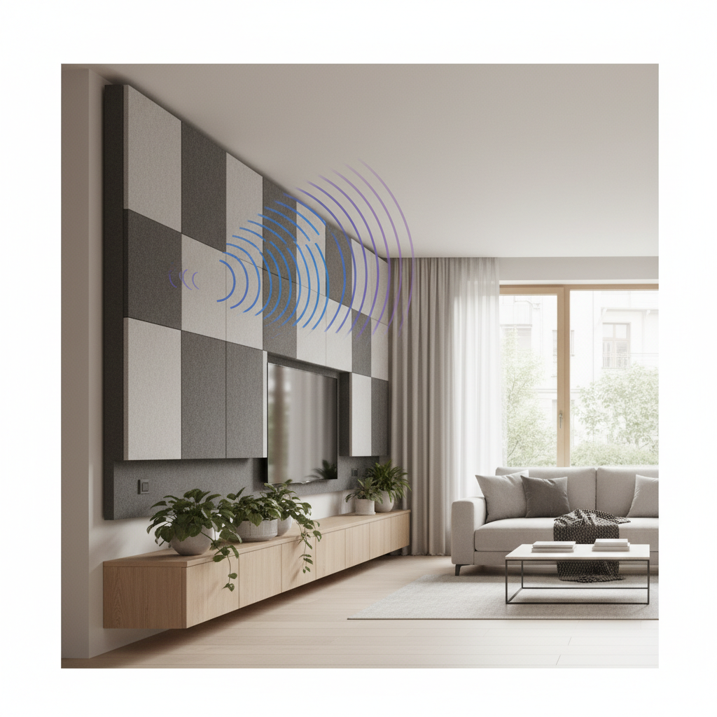 A professional architectural rendering or a realistic illustration of a modern living space featuring a common wall with a neighbor. One side of the wall clearly shows elements designed for improved soundproofing: perhaps an added acoustic panel, a thicker secondary wall layer, or discreet sound-absorbing decor. On the neighbor's side (partially visible or implied), stylized, energetic sound waves are shown originating. These waves hit the treated wall and are significantly diminished or completely absorbed before reaching the main living area, creating a visual sense of peace and quiet in the treated room. The focus is on effective, visually integrated sound reduction.