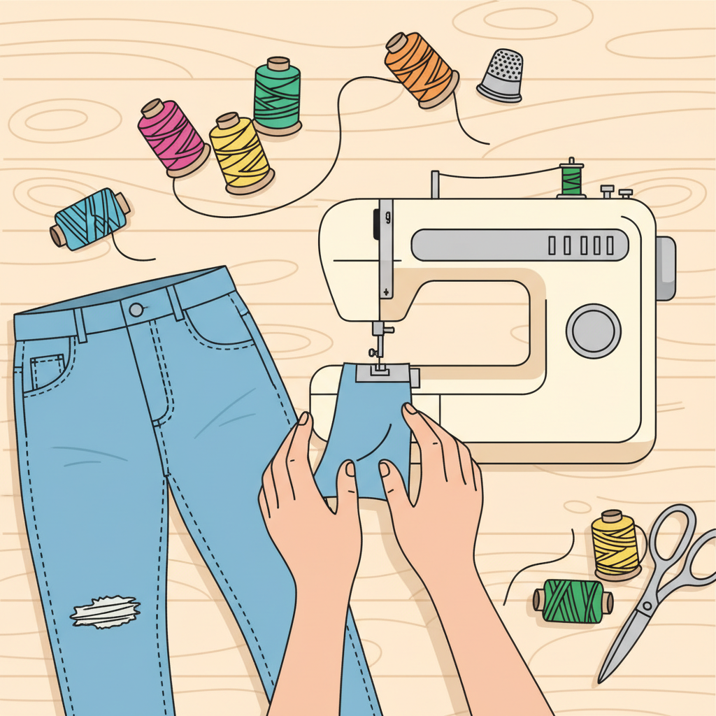 A vibrant, inviting flat illustration depicting a pair of slightly ripped blue jeans lying on a clean workspace next to a modern sewing machine. A pair of gentle hands is positioned as if about to place the ripped fabric under the needle. Various colorful spools of thread and a thimble are subtly scattered around, suggesting a creative and practical activity. The overall mood should be encouraging and approachable for beginners.