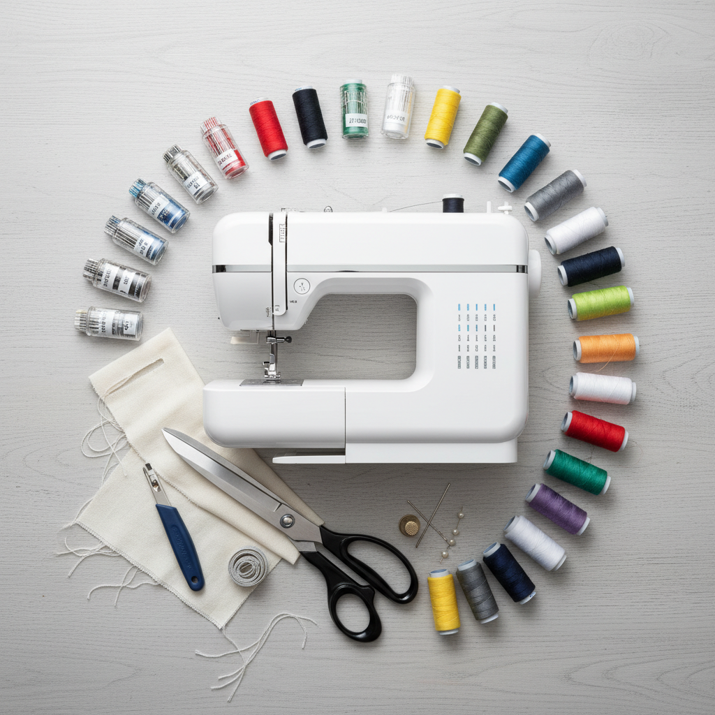 A meticulously arranged overhead flat lay photo showcasing essential tools for seam repair. Dominating the scene is a sleek, modern sewing machine. Surrounding it are various specialized sewing needles neatly organized, spools of multi-colored thread, a pair of sharp fabric scissors, a seam ripper, and a small swatch of fabric with a visible, simple tear. The lighting should be bright and even, emphasizing cleanliness and organization.