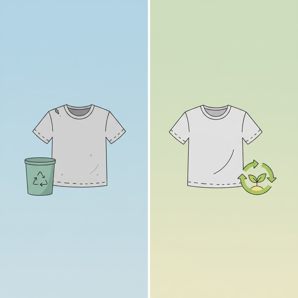 A conceptual infographic-style illustration contrasting two identical t-shirts. One t-shirt, slightly worn with a visible small tear, is shown next to a trash can with a 'discard' symbol. The other identical t-shirt, appearing freshly repaired and neat, is shown next to a 're-use' symbol, perhaps with a growing plant metaphorically indicating extended life or sustainability. Use a clean, modern color palette with clear visual separation.