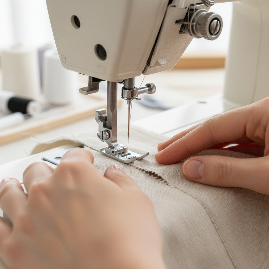 A professional, high-definition close-up photograph focusing on the active parts of a sewing machine. The shot captures a person's hands delicately guiding a piece of light-colored fabric with a small, visible tear under the presser foot. The sewing machine's needle is mid-stitch, precisely mending the seam. The background is softly blurred, keeping the focus sharp on the hands, fabric, and needle, conveying precision and the act of repair.