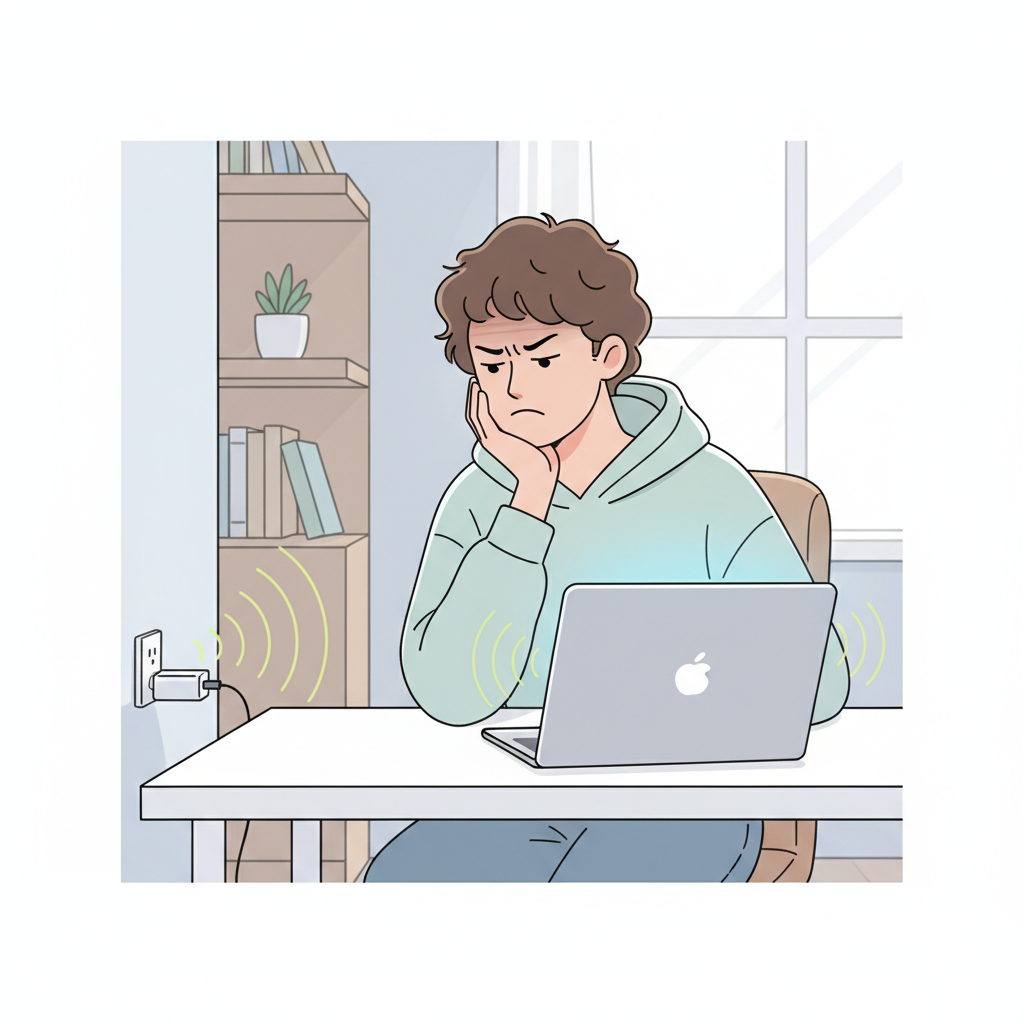 A modern, clean flat illustration depicting a person (gender-neutral, perhaps with a hand resting on their chin) looking slightly concerned or annoyed, sitting at a desk with a laptop or desktop computer. From a power adapter or the computer's power supply unit, subtle, stylized sound wave rings or vibration lines are faintly emanating, visually representing an irritating buzzing noise. The background is a minimalist home office or workspace, emphasizing the everyday scenario of this problem.