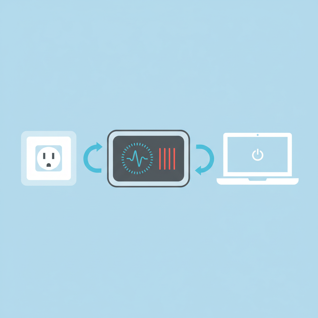 An infographic-style vector illustration showing the function of a power supply unit. On the left, a standard wall outlet icon with an arrow leading to a stylized, rectangular power supply unit. Inside the PSU, a dynamic symbol visually represents the conversion of AC (alternating current, maybe depicted by wavy lines) to DC (direct current, depicted by straight lines). An arrow then connects the PSU to a generic electronic device icon (e.g., a simple laptop or router) on the right, signifying power delivery.