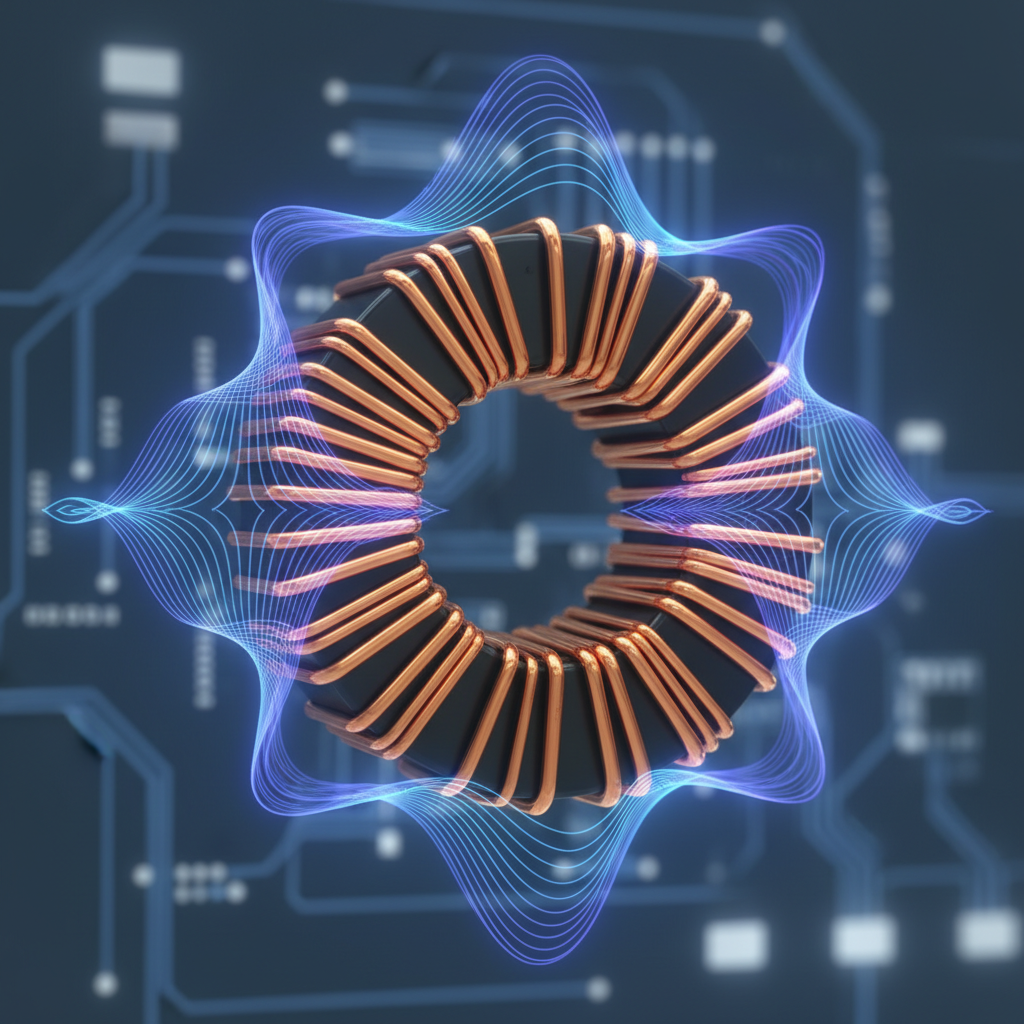 A high-detail technical illustration focusing on a single, prominent transformer component within a power supply unit. The transformer's intricate windings and core are clearly rendered. Surrounding and subtly interacting with the windings, abstract visual representations of magnetic fields (e.g., faint, pulsating lines or ethereal glows) are depicted. These fields subtly cause micro-vibrations, indicated by very fine, almost imperceptible shimmering lines or distortion within the component itself, illustrating the core reason for the humming.
