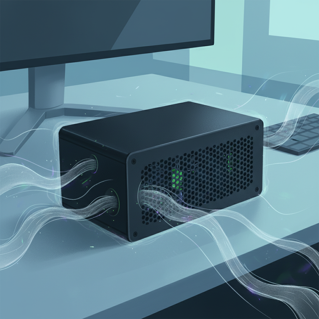 A close-up, slightly abstract illustration of a computer power supply unit (PSU) emitting a high-frequency, almost invisible sound. The PSU should have a sleek, modern design. Subtle, wavy lines or a faint shimmering effect should emanate from within the unit, suggesting an annoying, high-pitched noise. The background is clean and minimalistic, hinting at a modern desk setup. The overall mood should convey a sense of subtle disturbance or irritation without explicitly showing a person. Use a cool color palette with hints of an unsettling, high-frequency energy.
