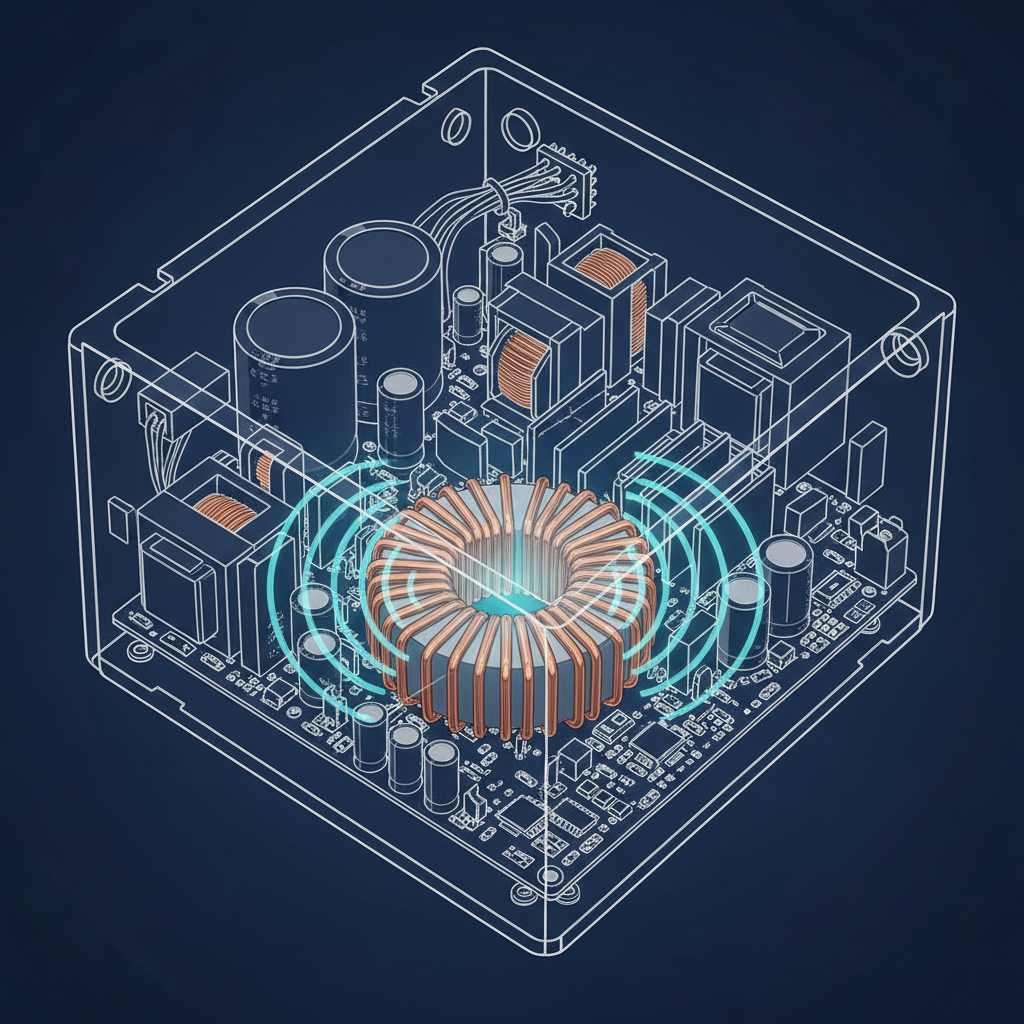 A detailed cutaway diagram-style illustration of an open computer power supply unit (PSU). Focus on the internal components, particularly highlighting an inductor (coil) in the foreground. The coil should be visually depicted vibrating slightly, with subtle, high-frequency sound waves originating from its core. Show other components like capacitors and transformers in the background, but the emphasis is on the buzzing coil. Use a technical, almost blueprint-like aesthetic with clear, crisp lines and a professional photo-realistic rendering of the components, perhaps with a soft glow around the vibrating coil.