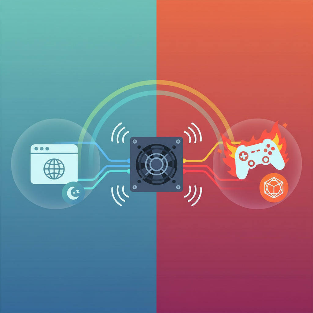 A dynamic flat illustration depicting a computer transitioning between different load states. On one side, show a serene, low-power scene (e.g., a simple web browser icon). On the other, show an intense, high-power scene (e.g., a stylized gaming controller or a complex 3D graphic icon). A visual flow of electrical energy, perhaps represented by glowing lines, should connect these scenes to a stylized power supply unit (PSU) in the center. As the load increases rapidly, the PSU should show subtle visual cues of vibration or sound waves emanating, indicating the high-frequency noise. Use bright, contrasting colors to emphasize the energy shift.