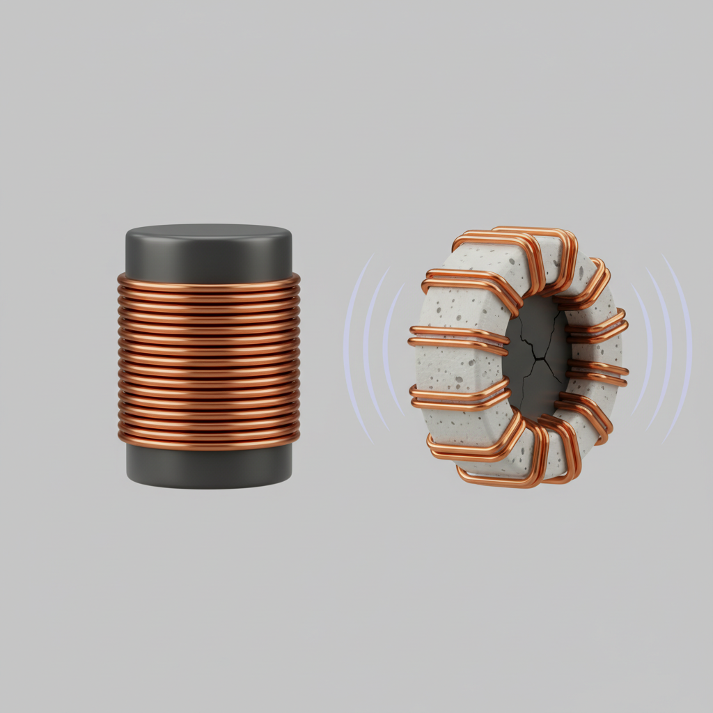 An infographic-style illustration comparing two distinct electronic inductors (coils) side-by-side. On the left, depict a 'high-quality' coil: robust, tightly wound, and perfectly still, perhaps encased in a solid, silent material. On the right, illustrate a 'lower-quality' coil: slightly imperfect, with visibly looser windings or a less stable core, actively vibrating and emitting subtle, high-frequency sound waves. The background should be clean and neutral, allowing the contrast between the two components to be the central focus. Use a clear, technical rendering with a hint of material texture.