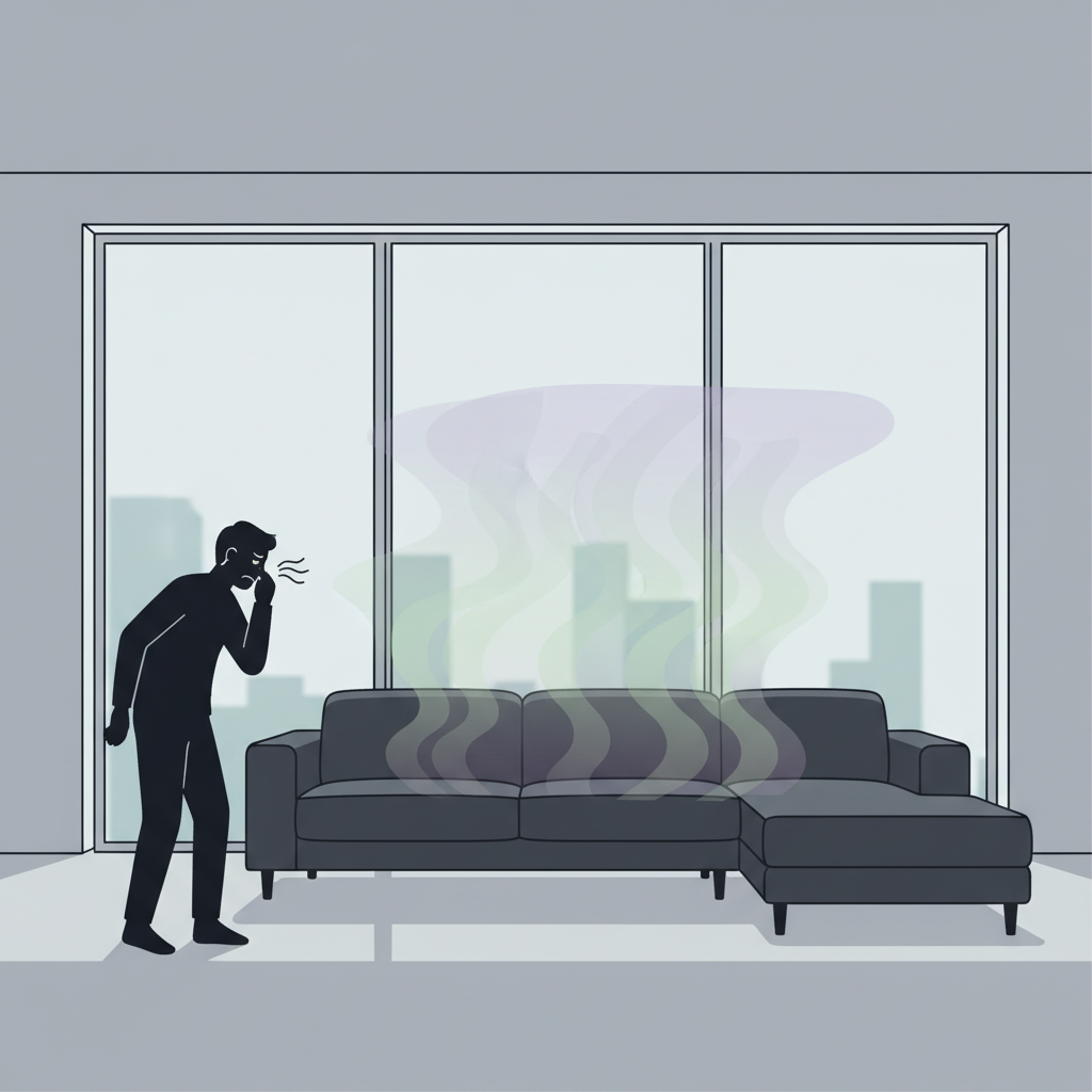A modern, minimalistic living room featuring a freshly delivered, sleek new sofa or cabinet. A person, whose face is blurred or silhouetted to maintain anonymity, is standing nearby, clearly wrinkling their nose and showing discomfort from an invisible, strong odor emanating from the furniture. Subtle wavy lines or a muted, hazy aura around the furniture visually represent the potent smell. The overall style is a clean, flat illustration with a modern color palette, emphasizing the unpleasantness of the new furniture smell.