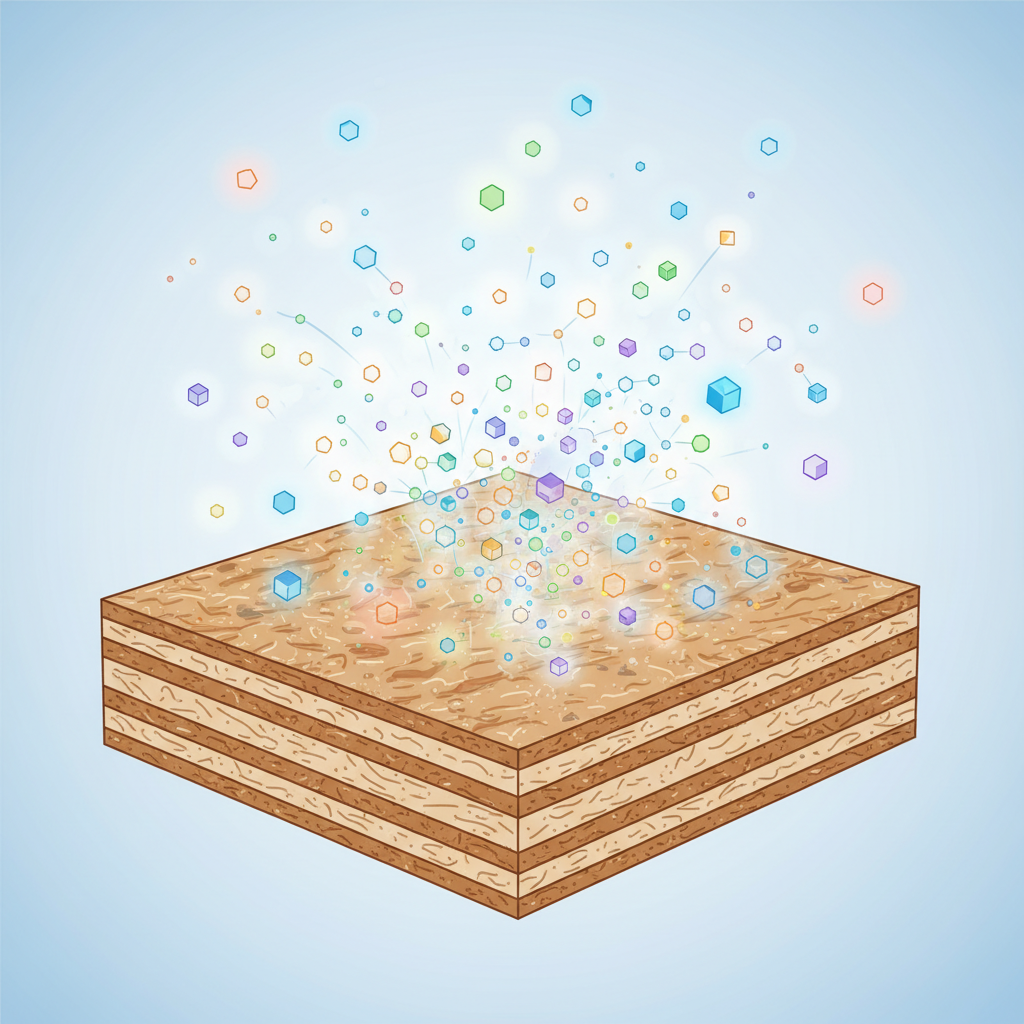 A conceptual, infographic-style illustration of a cross-section of new furniture material, such as MDF or particleboard, or a segment of synthetic upholstery. Tiny, colorful, abstract 'molecule' shapes are visibly rising and dispersing from the surface and internal layers of the material, symbolizing volatile organic compounds (VOCs). A soft, subtle glow surrounds these rising particles to emphasize their chemical nature and their release into the air. The aesthetic is clean, scientific, and informative.