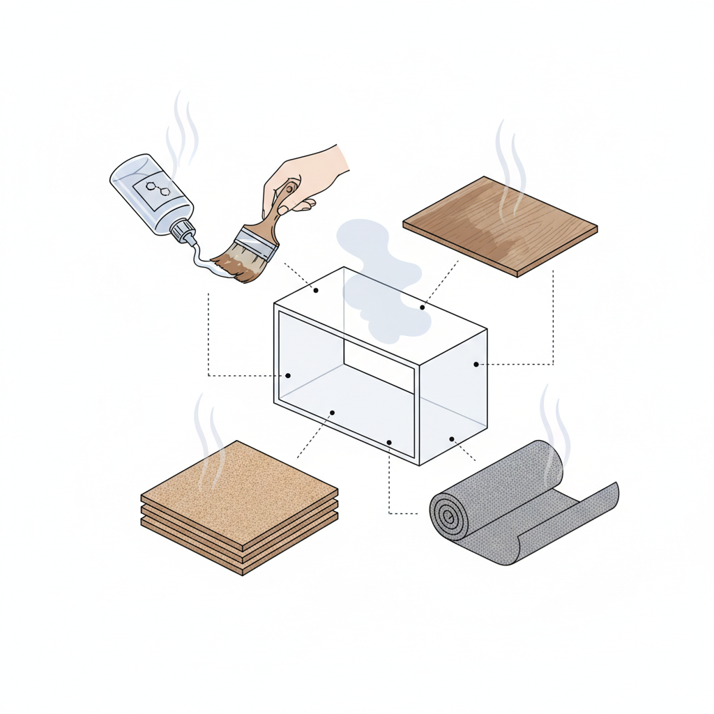 A deconstructed or exploded view illustration of a generic piece of furniture, like a simple cabinet or table. Various components are highlighted: a glue dispenser or bottle of adhesive, a brush applying a protective lacquer or stain, a stack of composite wood panels (e.g., MDF or particleboard), and a swatch of synthetic textile. Faint, almost invisible 'fumes' or wavy lines subtly rise from each of these specific materials, visually indicating their individual contribution to the overall new furniture smell. The style is a precise, technical illustration with clear lines.