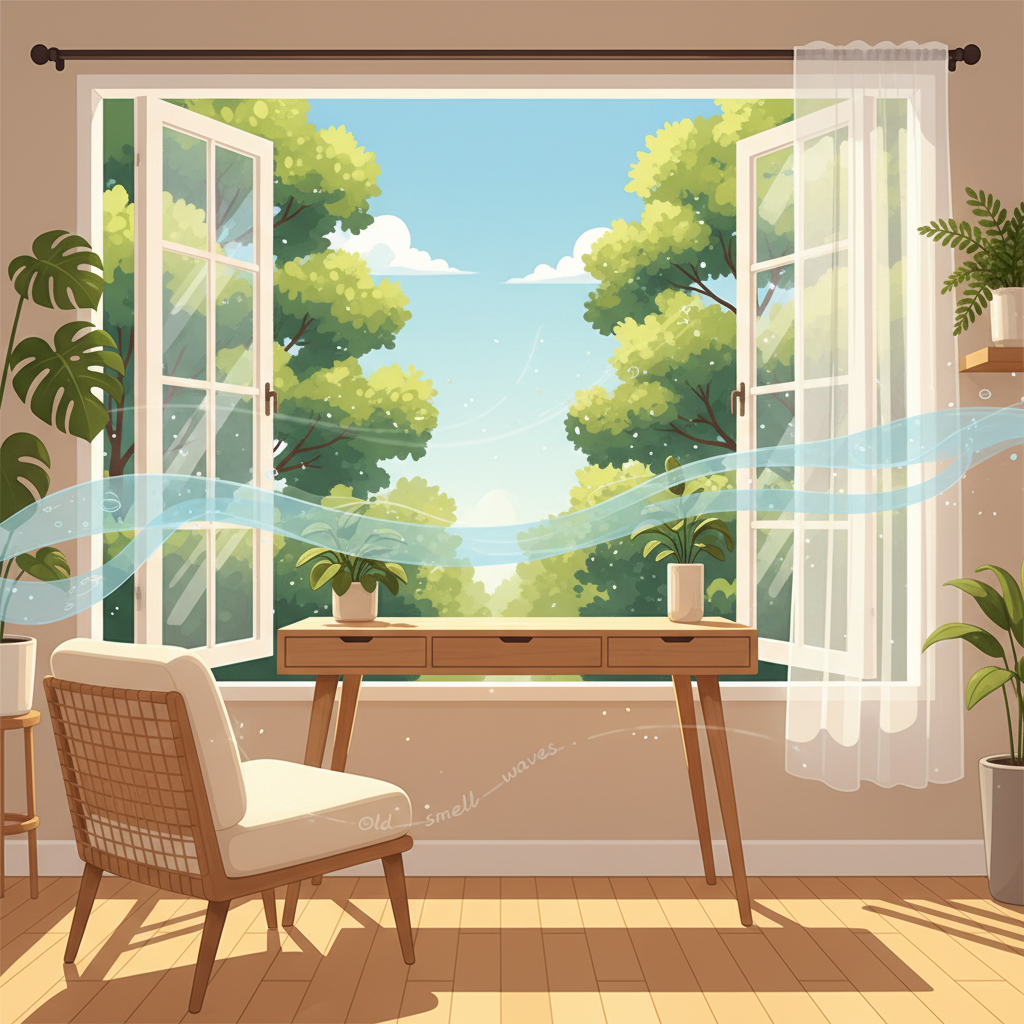 A brightly lit room featuring a new, stylish piece of furniture, such as a wooden desk or a comfortable armchair. A large window is wide open, revealing a glimpse of fresh green trees and a blue sky outside. Gentle, soft air currents are visibly flowing into the room, visually sweeping away the faint, previously present 'smell waves' from around the furniture. Sunlight streams in, creating a fresh, airy, and inviting atmosphere that conveys the idea of ventilation and purification. The style is a warm, inviting digital painting or detailed flat illustration.