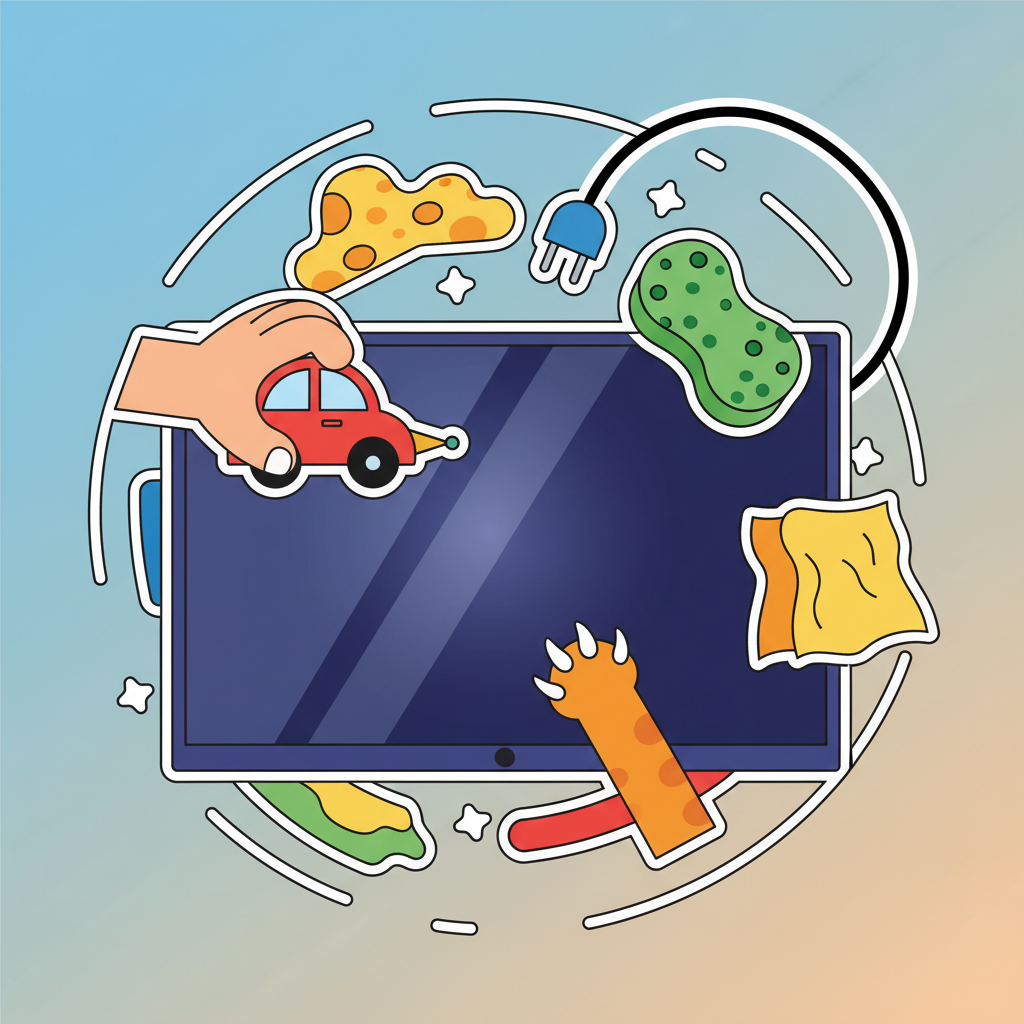 A vibrant, modern flat illustration depicting various common causes of OLED TV screen scratches. In the center, an abstract, minimalist representation of a large television screen is featured. Around it, several distinct elements are arranged dynamically, illustrating potential dangers: a small, pointed toy held by a child's hand, a rough-textured cleaning sponge or paper towel, a playful cat's paw reaching towards the screen's edge, and a loose power cable dangling precariously near the display. The illustration should use bright, contrasting colors to make each hazard distinct, focusing on prevention rather than showing actual damage.