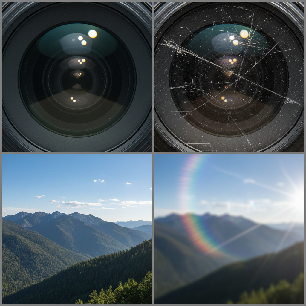 A compelling visual comparison demonstrating the impact of a scratched camera lens. On one side, show a pristine camera lens element, perfectly clear and reflecting light without distortion. Next to it, display a corresponding photograph that is sharp, vibrant, and free of imperfections. On the other side, depict the same lens element with visible, prominent scratches across its surface. Adjacent to this damaged lens, show a photograph that is noticeably compromised: exhibiting a strong, distracting lens flare or 'ghosting' artifact, along with reduced sharpness and contrast, illustrating the scattered light effect. Style: high-quality professional studio photography with clear side-by-side presentation.