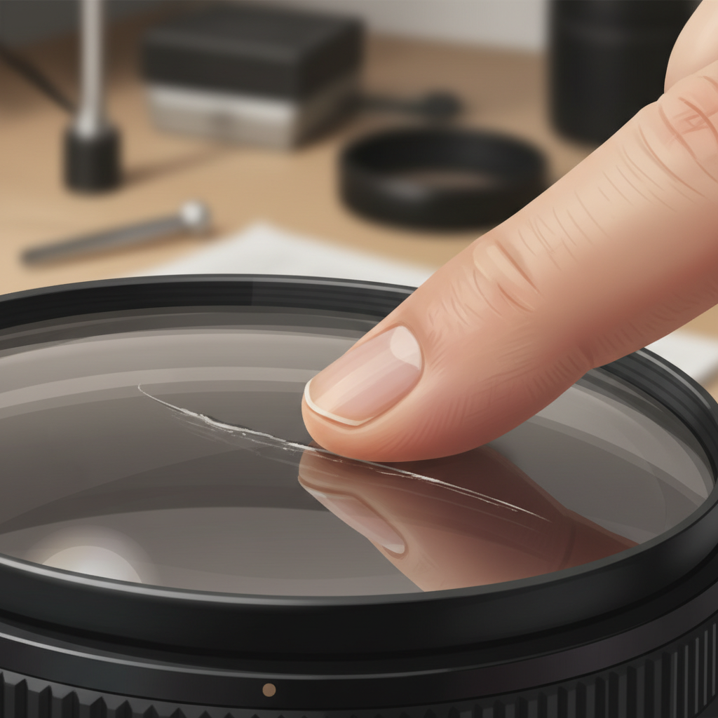 A detailed close-up illustration focusing on the 'fingernail test' for assessing lens scratch depth. The scene features a camera lens element with a clear, but not excessively deep, scratch visible on its surface. A human hand, with a neatly trimmed fingernail, is gently and carefully tracing along the length of the scratch. The perspective should be macro-level, highlighting the texture of the lens and the interaction of the fingernail with the scratch, suggesting the test for depth. The background is softly blurred, hinting at a clean, well-lit workspace. Style: hyper-realistic digital painting or a detailed technical illustration with a soft focus background.