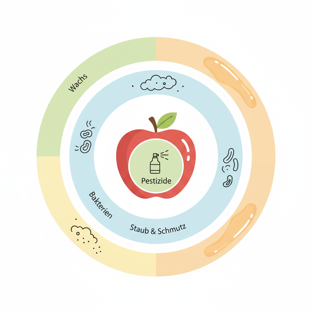 An infographic-style illustration depicting the layers of potential contaminants on an apple. Show an apple at the center, with concentric rings or floating icons around it representing 'Pestizide', 'Bakterien', 'Staub & Schmutz', and 'Wachs'. Each icon should be clearly recognizable (e.g., small spray bottle for pesticides, microscopic bacteria shapes, dust cloud, shiny wax layer). Use a clean, modern design with a light color palette.