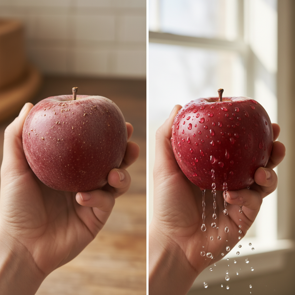 A split-screen or 'before and after' image. On one side, a hand holding a slightly dusty, unwashed apple with a few visible specks. On the other side, the same hand holding a sparkling clean, wet apple with water droplets, looking fresh and ready to eat. The artistic style should be a realistic, high-quality digital painting or a professional photo with subtle digital enhancement, emphasizing the visual difference.