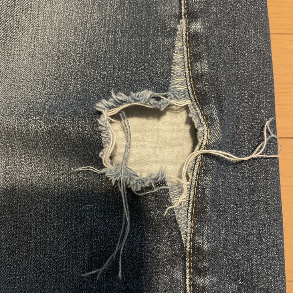 Close-up of a well-worn denim pant leg with a gaping, frayed open seam along the side. The fabric edges are slightly pulled apart, revealing the lining or inner side. The overall mood should convey a minor annoyance or imperfection, but not utter destruction. The focus is on the texture and detail of the fabric and the damaged seam. Style: Professional photo, close-up, realistic, detailed.